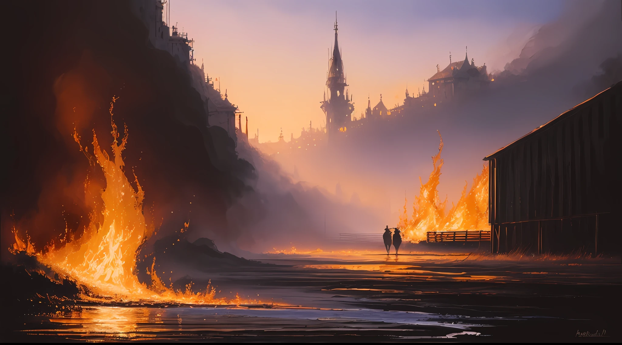 Extremely tense anime fire: human, drinking coffee in a building on fire in the background, superb playing card borders, random color art, oil painting, blue-yellow, light purple and purple additions, light red additions, intricate details, splash screen, 8k resolution, masterpiece, artstation digital painting smooth black ink flow: 8k resolution realistic masterpiece: intricate fluid gouache: Jean Baptiste Mongue: calligraphy: acrylic: watercolor art, professional photography, Natural daylight, volumetric lighting minimalist photography illustration: Marton Bobzert: complex, elegant, vast, dreamy, vibrant
