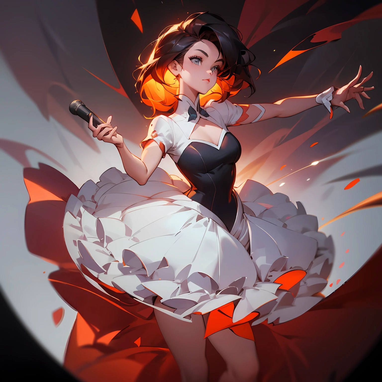 a close up of a woman in a dress holding a microphone, lois van baarle and rossdraws, rossdraws 1. 0, rossdraws 2. 5, ross tran style, artgerm and rossdraws, wlop rossdraws, rossdraws 2. 0, ross tran!!!, style of stanley artgerm, style artgerm