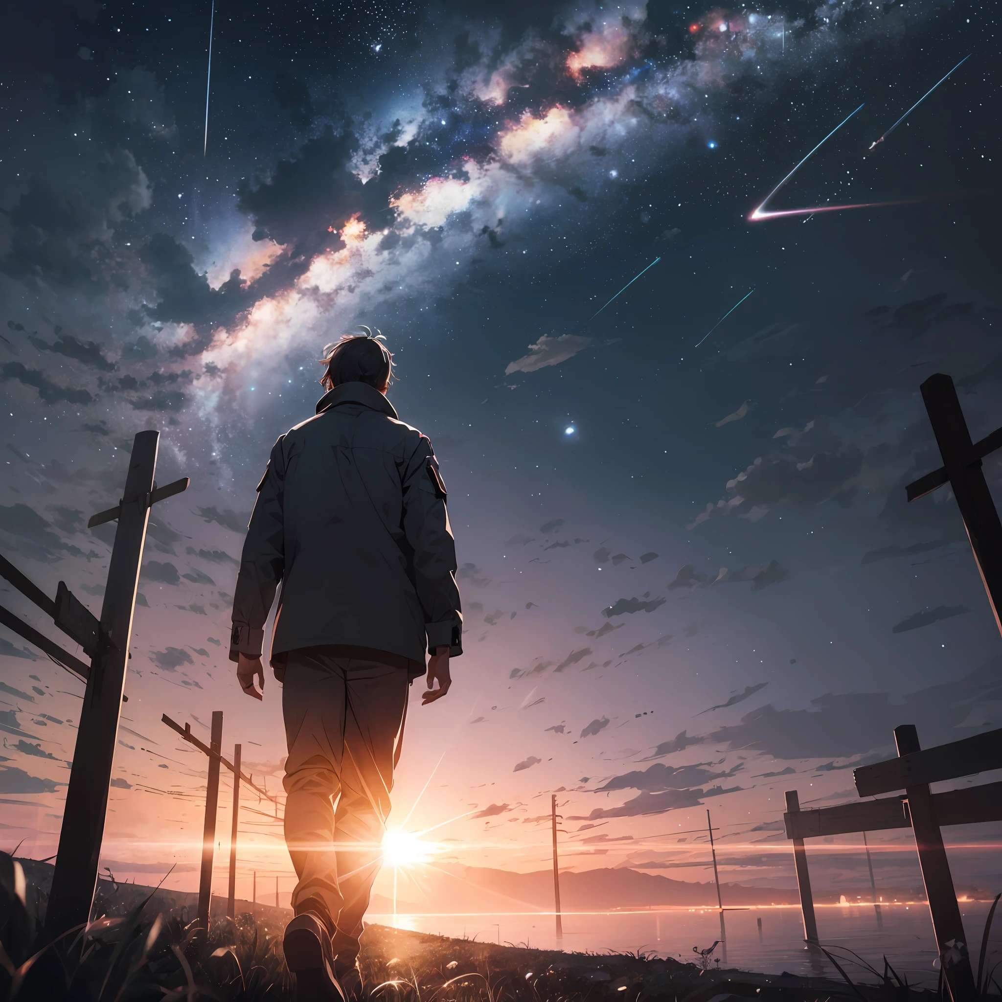 A man without face walking on a peaceful land at night where all the solar system is visible --auto