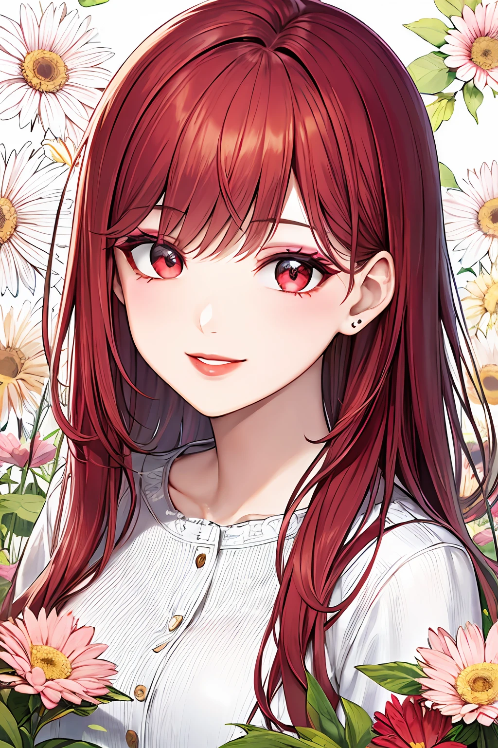 masterpiece, best quality, 1girl, solo, long hair, smile, cute eyes, makeup, red lips, red hair, red eyes. Flowery Field Background