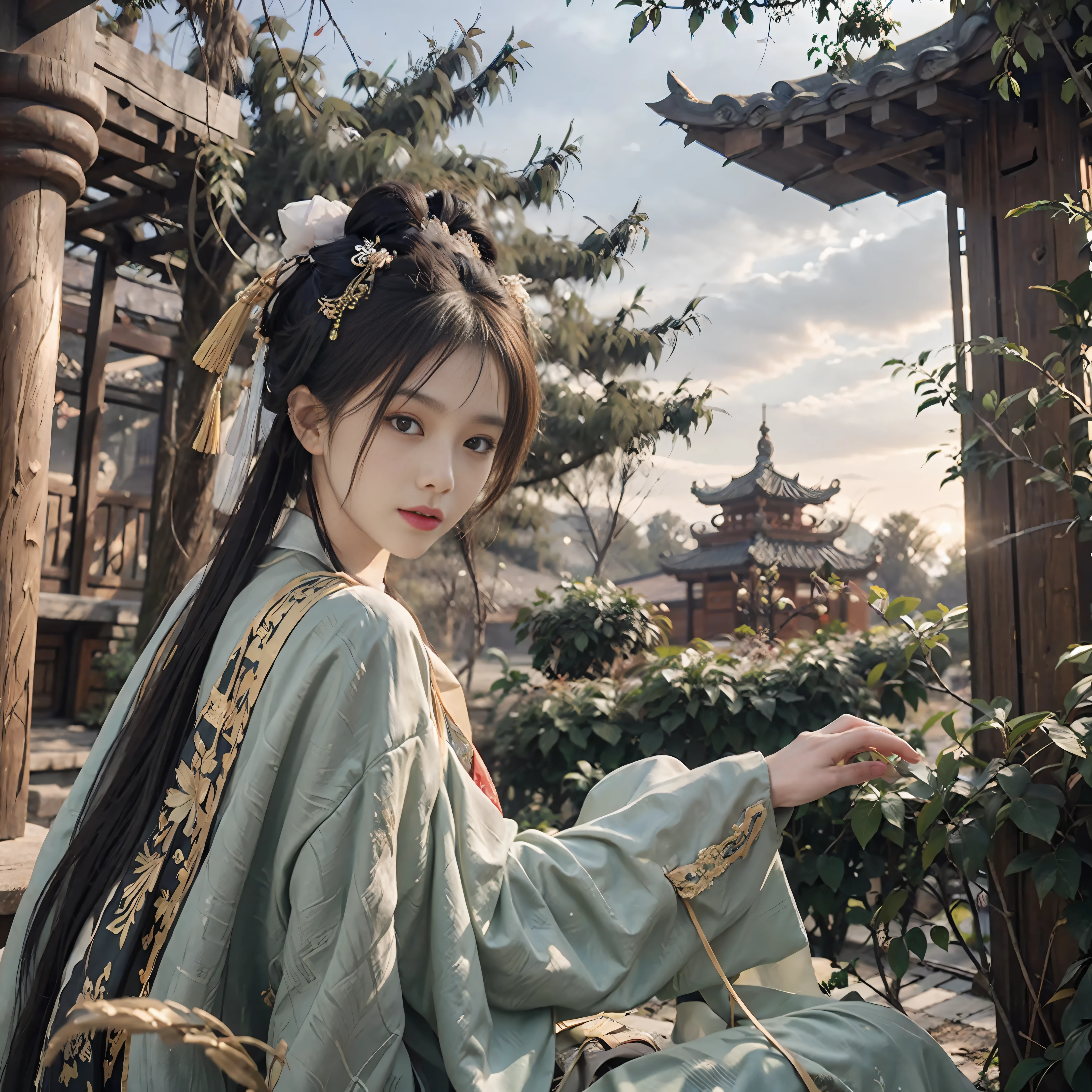 (RAW Photo, Best Quality), (Realistic, Photo Real: 1.3), Best Quality, Ray Tracing, Highly Detailed, Masterpiece, Intricate Detail, Ultra Detailed, Illustration, 1 Girl, Best Quality, Extremely Detailed CG Unified 8k Wallpaper, Amazing, Cinematic Lighting, Modern, Ancient Chinese Architecture, Xiuxian, Outdoor, Beautiful View, (Solo: 1.5), Full Body Portrait