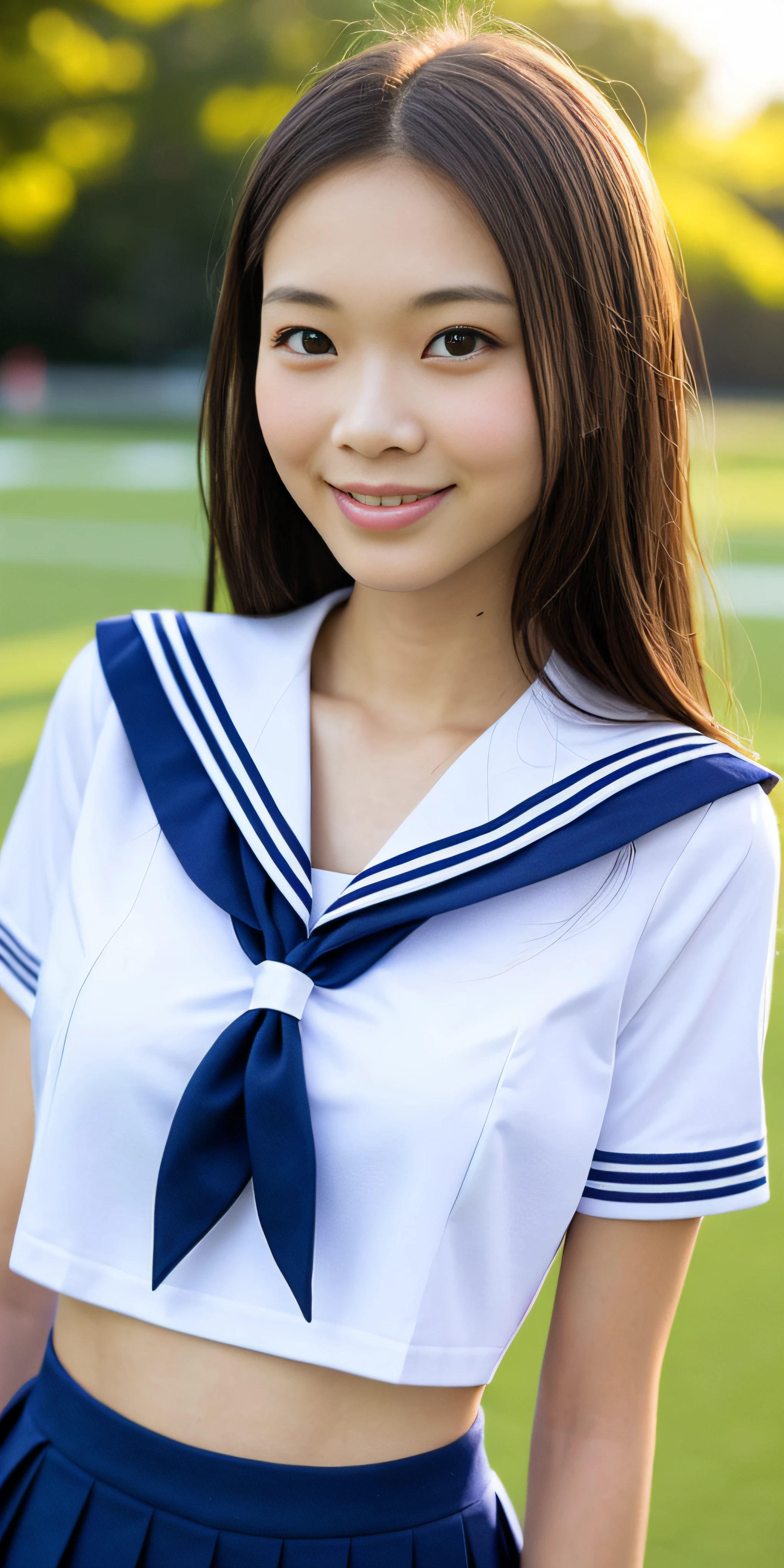 neat schoolgirl, (school uniform, sailor uniform, ribbon tied at chest, summer clothes, upper body white, skirt is navy blue), outside the athletic field, (slim), photorealistic, detail, skin texture, ultra detail, delicate and sexy collarbone, smile, super detailed face, detailed lips, detailed eyes, small breasts, small breasts, small, flat breasts, breast enhancement, light face