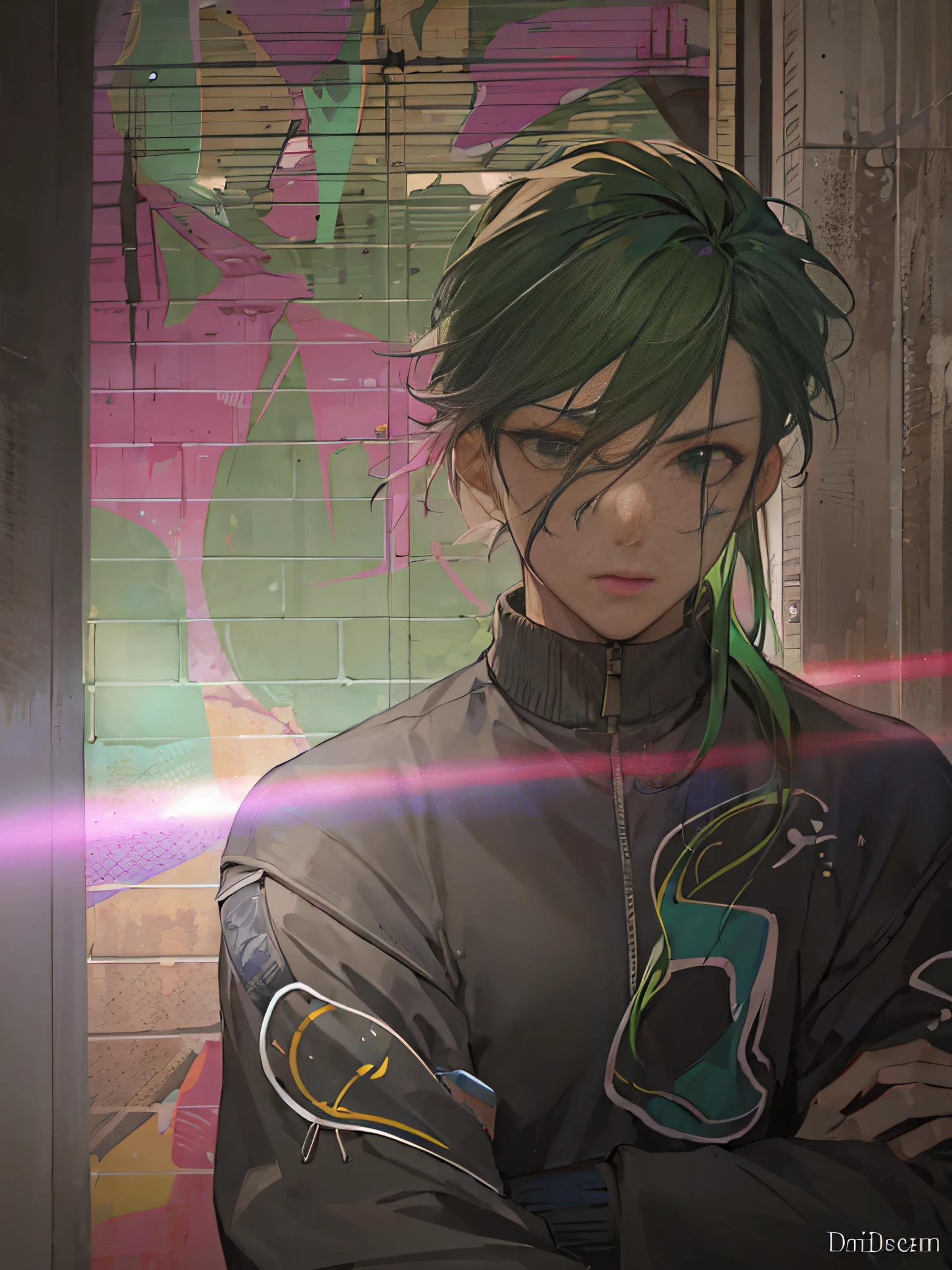 anime character with green hair and green eyes standing in front of a wall, trigger anime artstyle, painted in anime painter studio, young anime man, made with anime painter studio, digital cyberpunk anime art, 2 d anime style, shigenori soejima illustration, zerochan art, anime portrait of a handsome man, male anime character, digital anime illustration