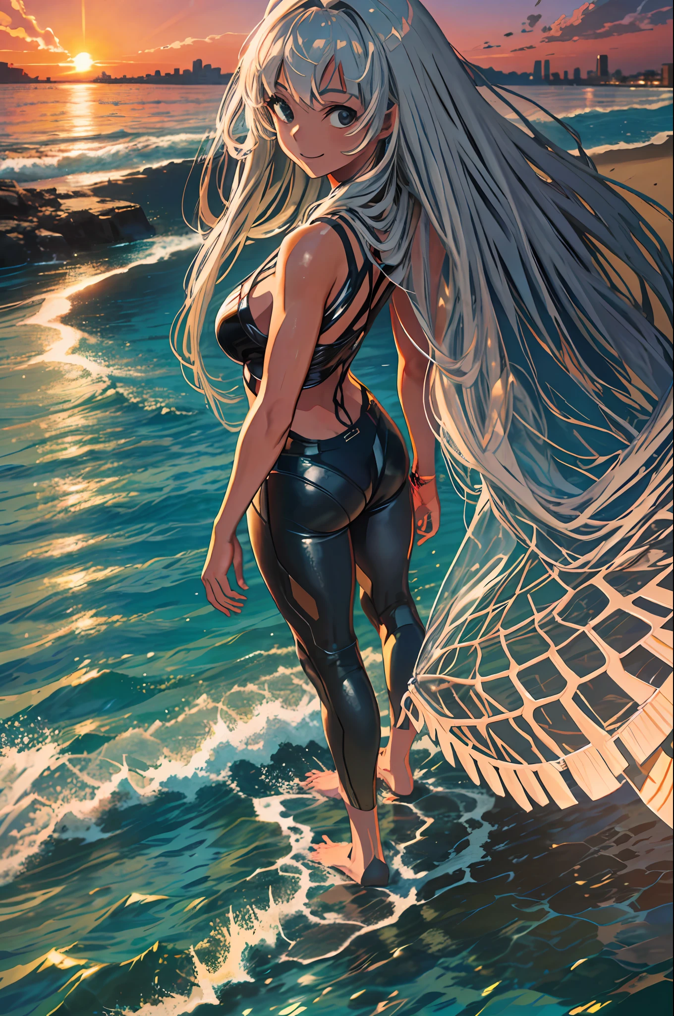 masterpiece, best quality, 1 girl, best quality, super high resolution, 1 girl, silver hair, full body, landscape, smile, ocean, sunset, city, barefoot, footprints, sand, wearing bio mecha, from behind, looking at the audience, looking back, silhouette, wading, standing on liquid