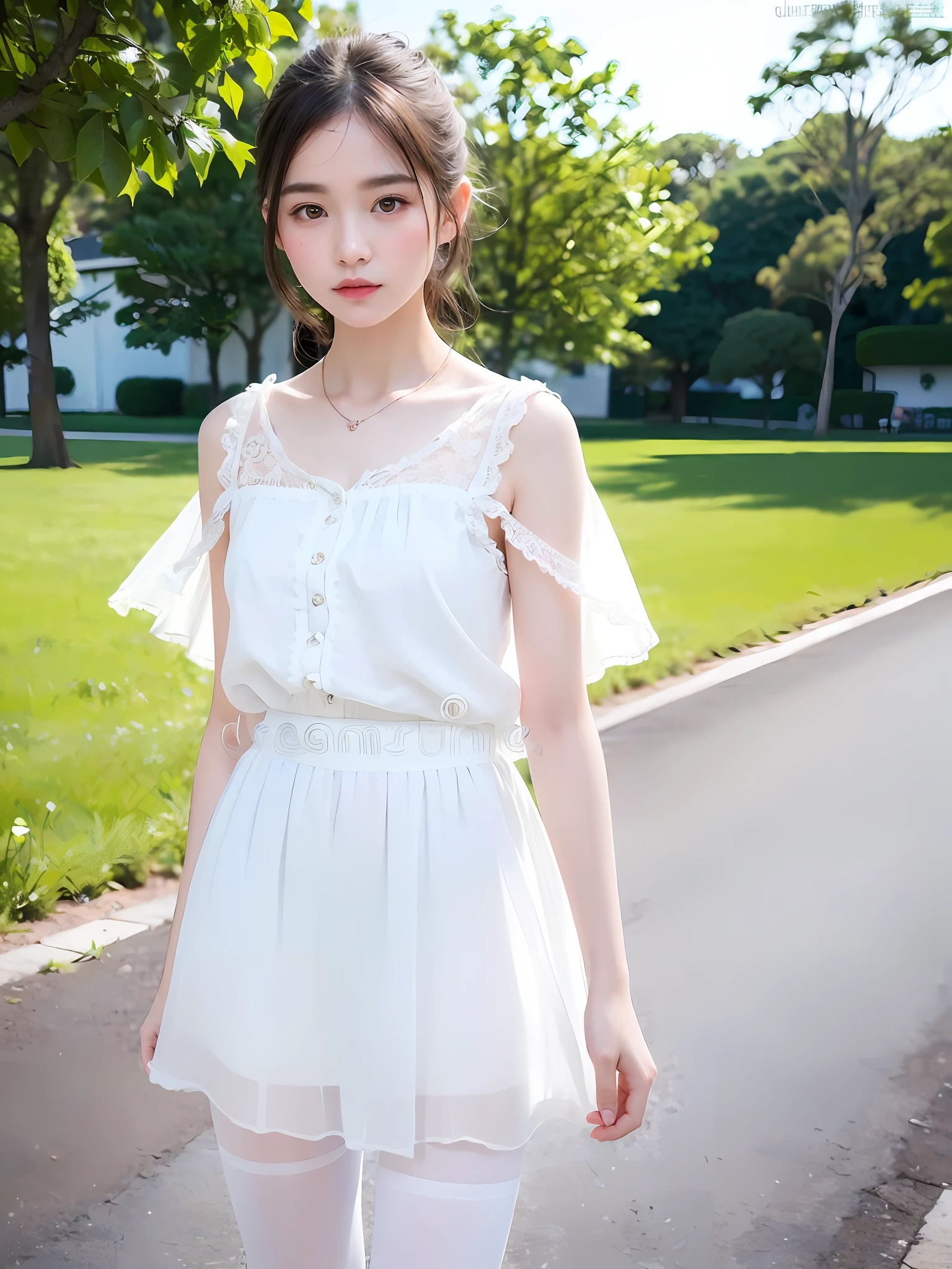 1 girl, full body, indistinct, detailed clothes,white tights, indistinct, casual white shirt, (delicate illustration:1.4),(masterpiece:1.0), (best quality:1.4), (ultra highres:1.2), (photorealistic:1.4), (8k, RAW photo:1.2), (soft focus:1.4), (18yo:1.3), (sharp focus:1.4), detailed beautiful face