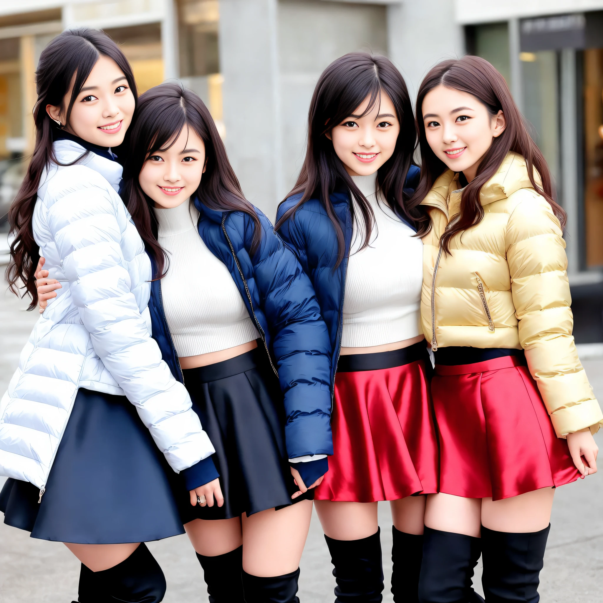 (best quality, masterpiece), (muscular:0.7), Japanese model, athletic, long hair, smile, happy, wavy hair, standing , looking at viewer, ((short silk skater skirt)), makeup,  pantyhose, thigh high boots, navy puffer coat, down coat, red silk bra, large breasts, 2 girls (((hugging)))