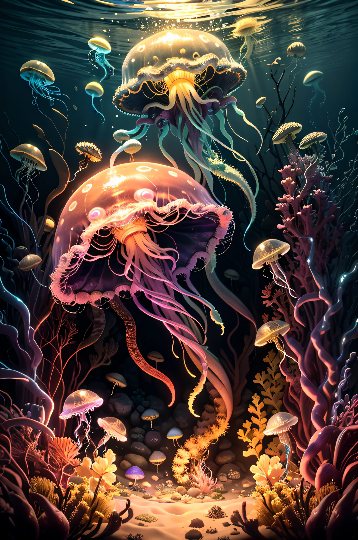 (Masterpiece, best quality: 1.3), highres, (8k resolution), (ultra-detailed: 1.1), madgod, stop motion, horror, no humans, bright, monster, underwater, jellyfish, photorealistic, bright: 0.3, (details: 1.2), volumetric lighting, (extremely detailed), only jellyfish