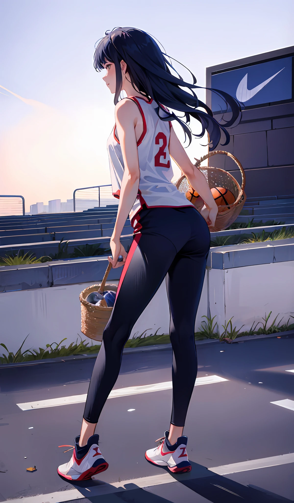 4k, realistic, very detail, there is a girl in the basket ball field, she is a basket ball player, sport theme, soft clothes, long hair, wearing legging, 25 years old, full body, wearing nike shoes