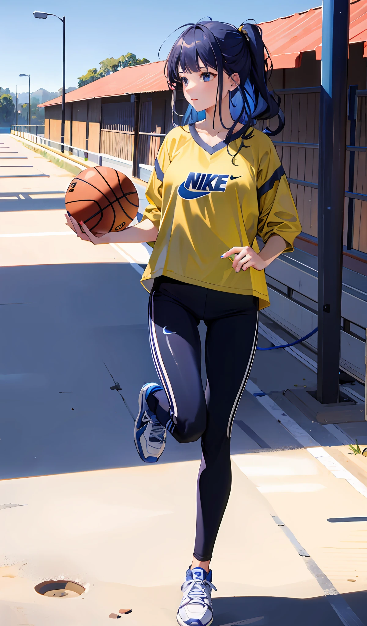 4k, realistic, very detail, there is a girl in the basket ball field, she is a basket ball player, sport theme, soft clothes, long hair, wearing legging, 25 years old, full body, wearing nike shoes