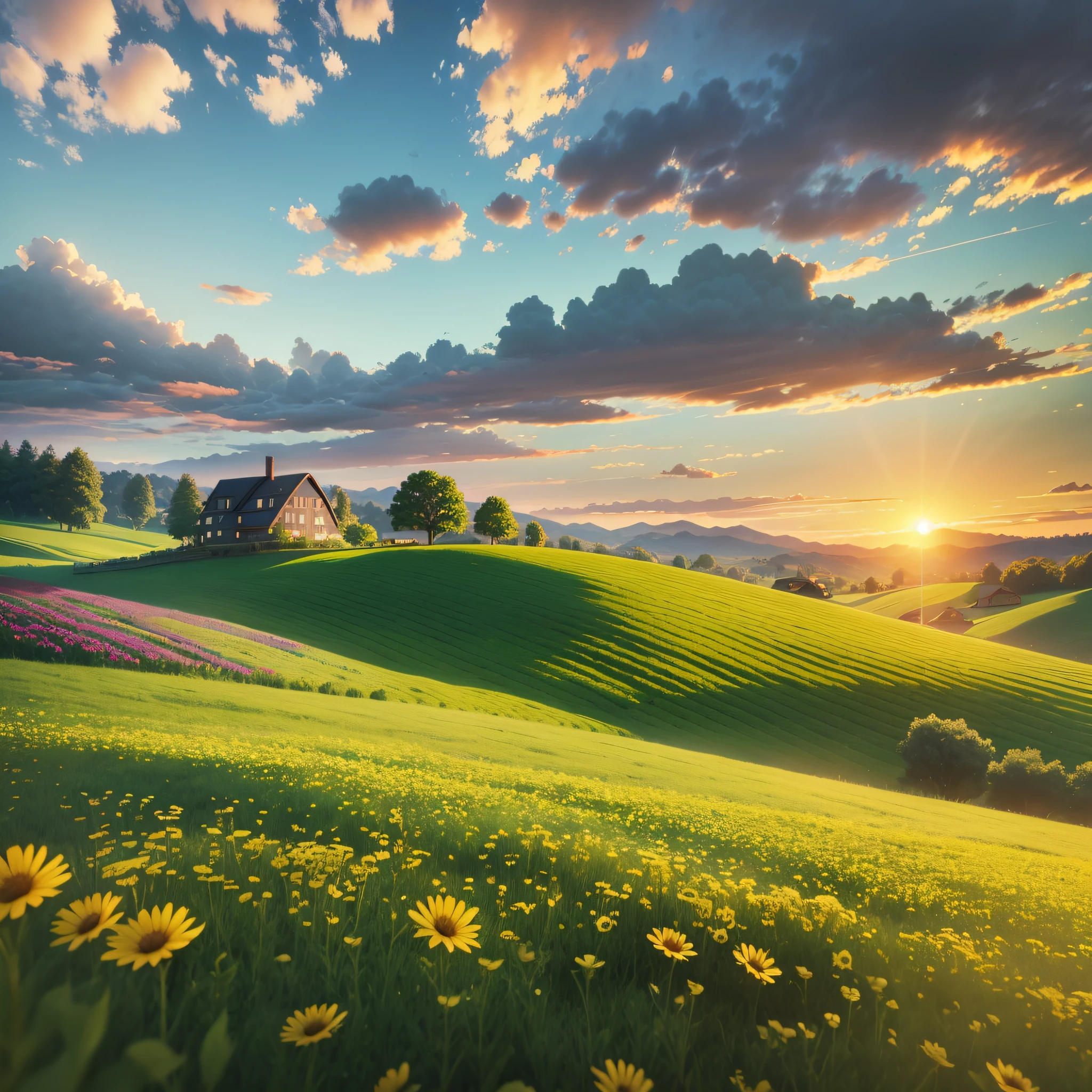 green field full of flowers, hills, house, sunset, high resolution, 3D, with realistic details --auto --s2
