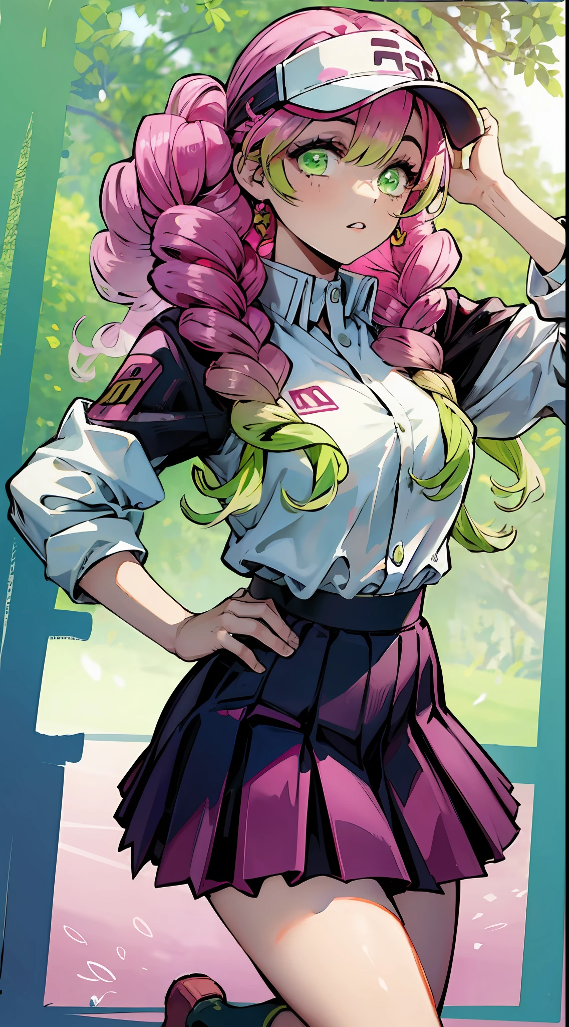 Kanroji Honey, Gradient Hair, Pink Hair, Green Hair, Tennis Uniform, Skirt, Sun Visor, Refreshing