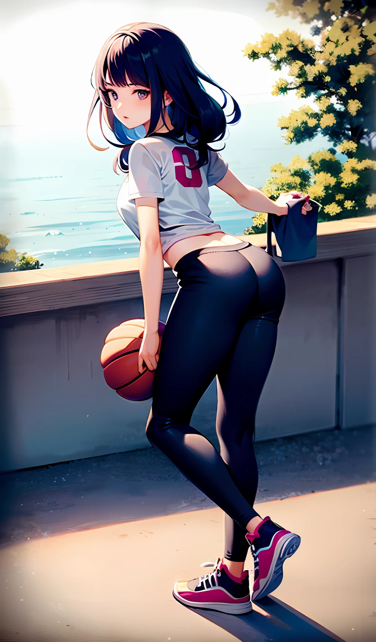 4k, realistic, very detail, there is a girl in the basket ball field, she is a basket ball player, sport theme, soft clothes, long hair, wearing legging, 25 years old, full body, wearing nike shoes