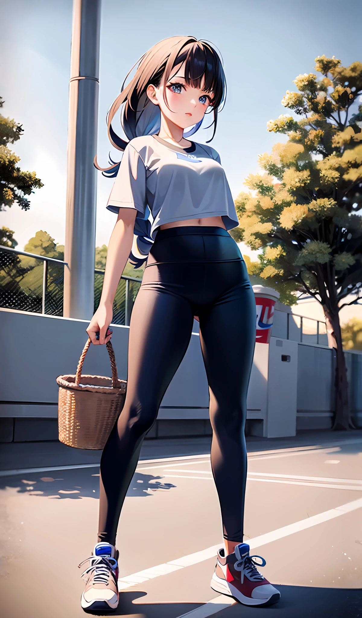 4k, realistic, very detail, there is a girl in the basket ball field, she is a basket ball player, sport theme, soft clothes, long hair, wearing legging, 25 years old, full body, wearing nike shoes
