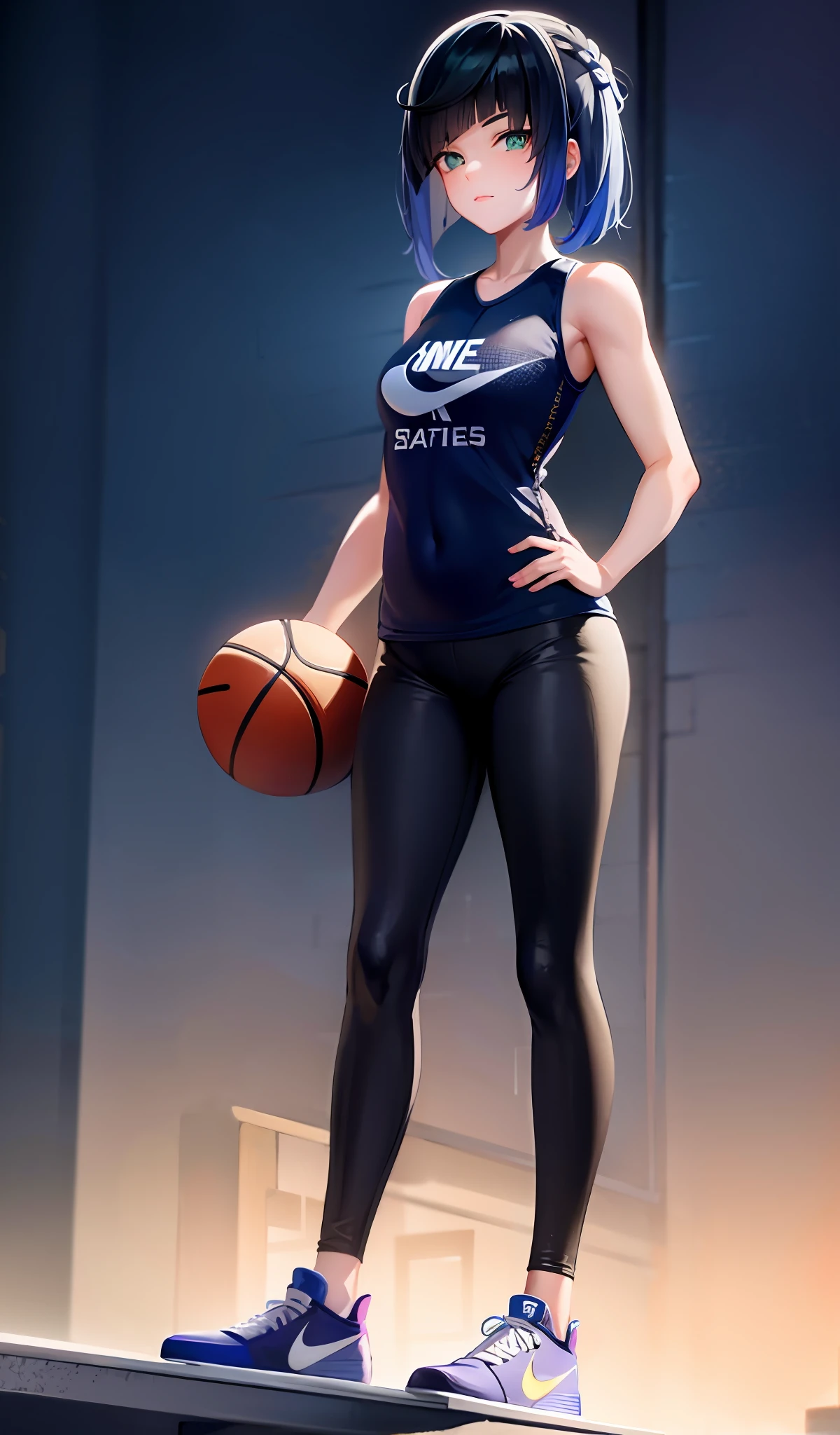 4k, realistic, very detail, there is a girl in the basket ball field, she is a basket ball player, sport theme, soft clothes, hair, wearing legging, 25 years old, full body, wearing nike shoes
