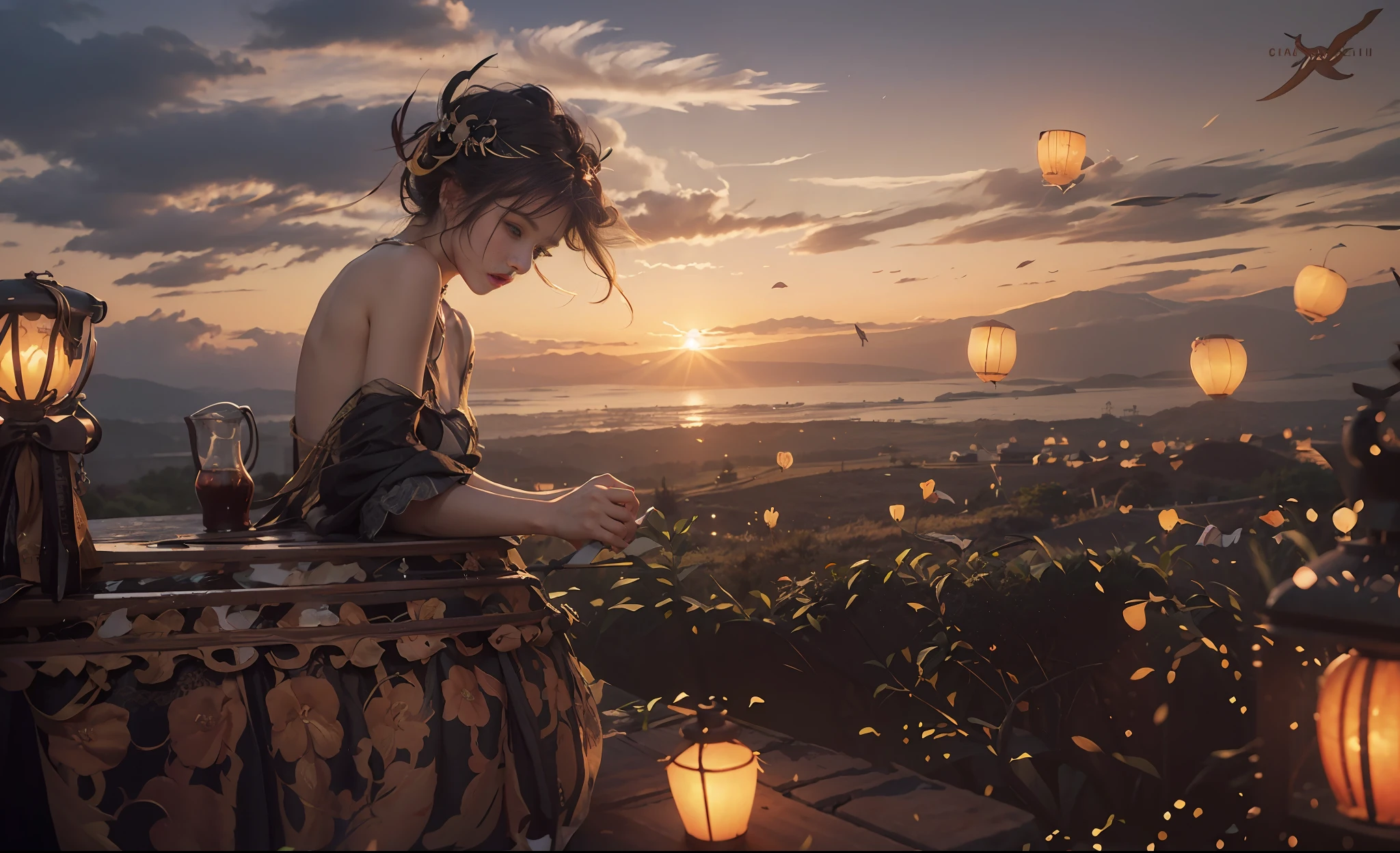 (RAW photo, best picture quality), (realism, realism: 1.3), best picture quality, high detail, masterpiece, hyper detail, illustration, girl, upper body, messy long hair, best picture quality, extremely detailed CG unified 8k, sunset, sunset, head down, slip dress