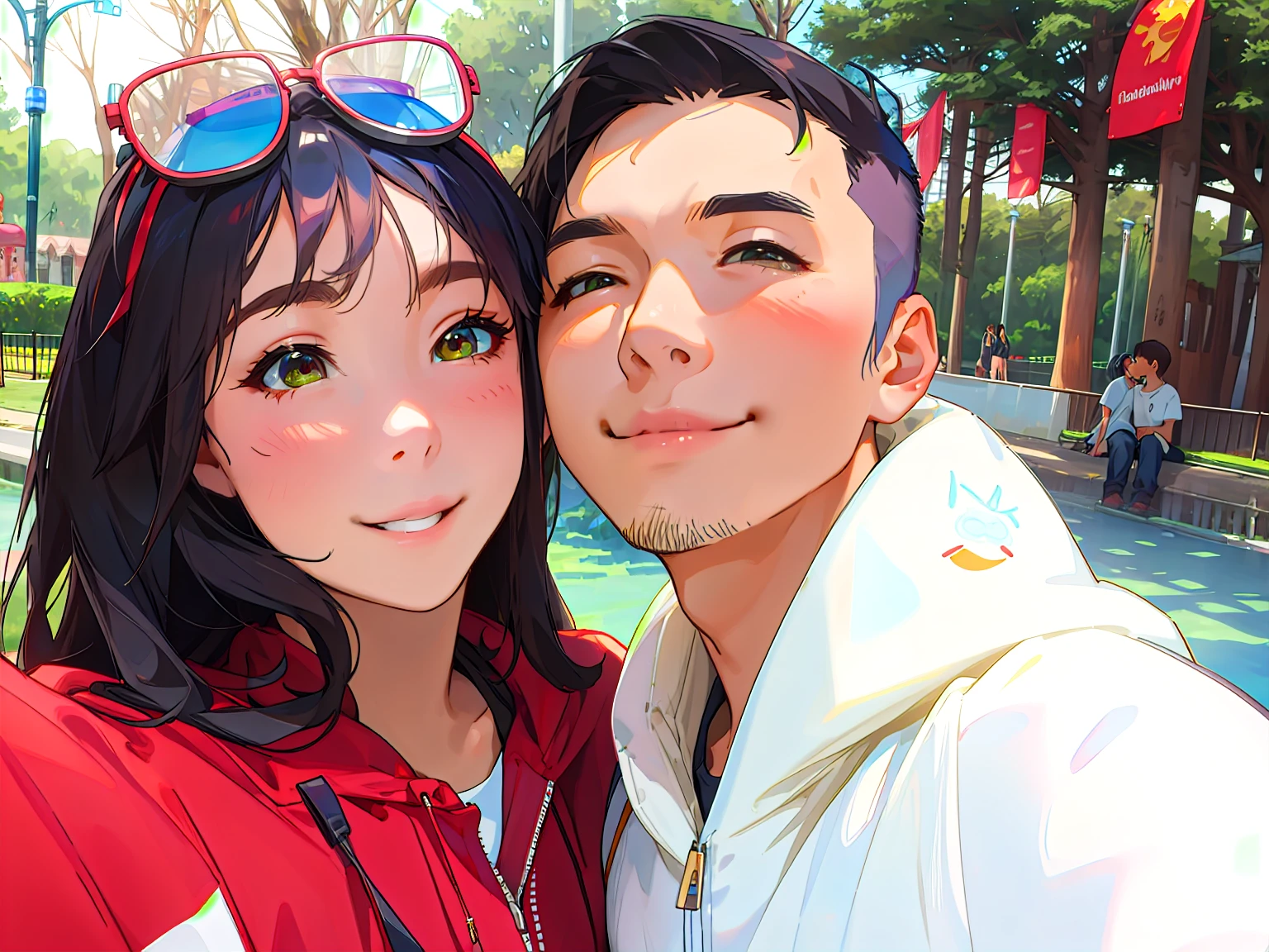Two people in the park for a group photo, 8K selfie photos, cute couple,