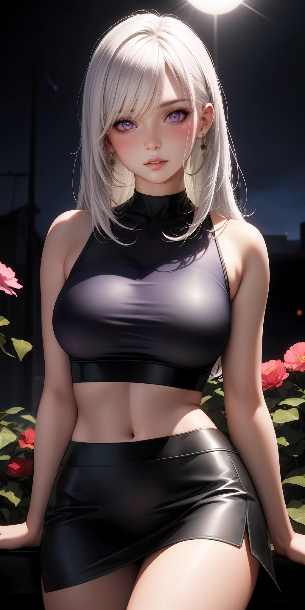 realistic, 1girl, white hair, purple eyes, glowing eyes, crop top, skirt, parted lips, blush, night, flowers, sun, sunlight,