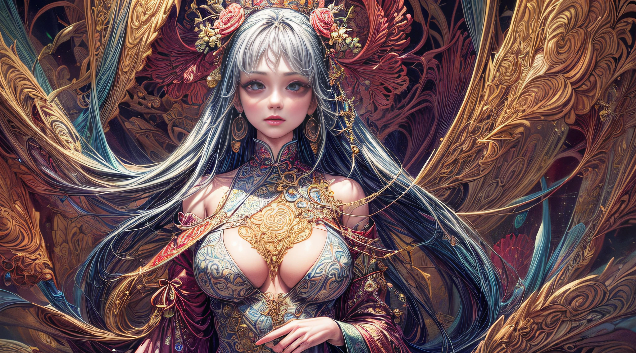 (masterpiece, top quality, best quality, official art, beautiful and aesthetic:1.2), (1girl:1.3), extremely detailed,(fractal art:1.1),(colorful:1.1)(flowers:1.3),highest detailed,(zentangle:1.2), (dynamic pose), (abstract background:1.3), (chinese Traditional cloth:1.2), (shiny skin), (many colors:1.4), ,(earrings:1.4), (half body:1.5), (dragon and phoenix:0.5)