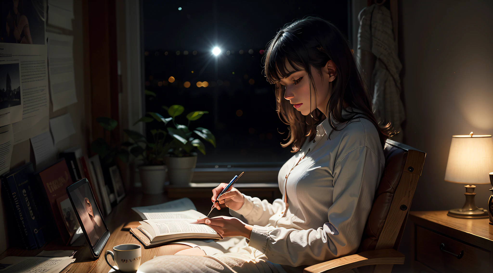 woman sitting in the chair reading a book in her dark room, --auto