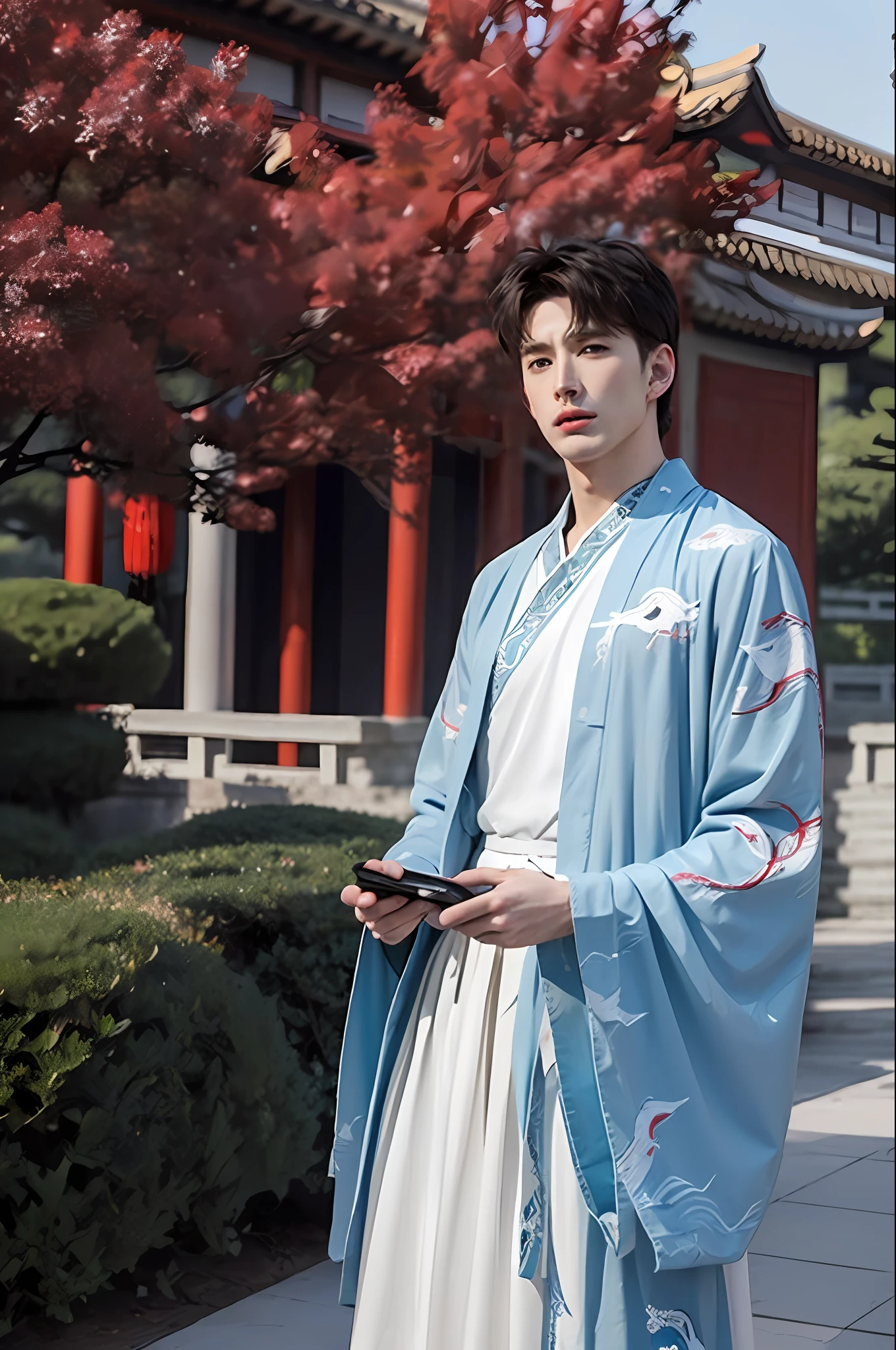 American actor( Chris Evans), short hair, big eyes, (blue print robe), (white long print skirt), (red print shirt),(upper body),(standing),((looking at viewer)),outdoors,(chinese style countryard),