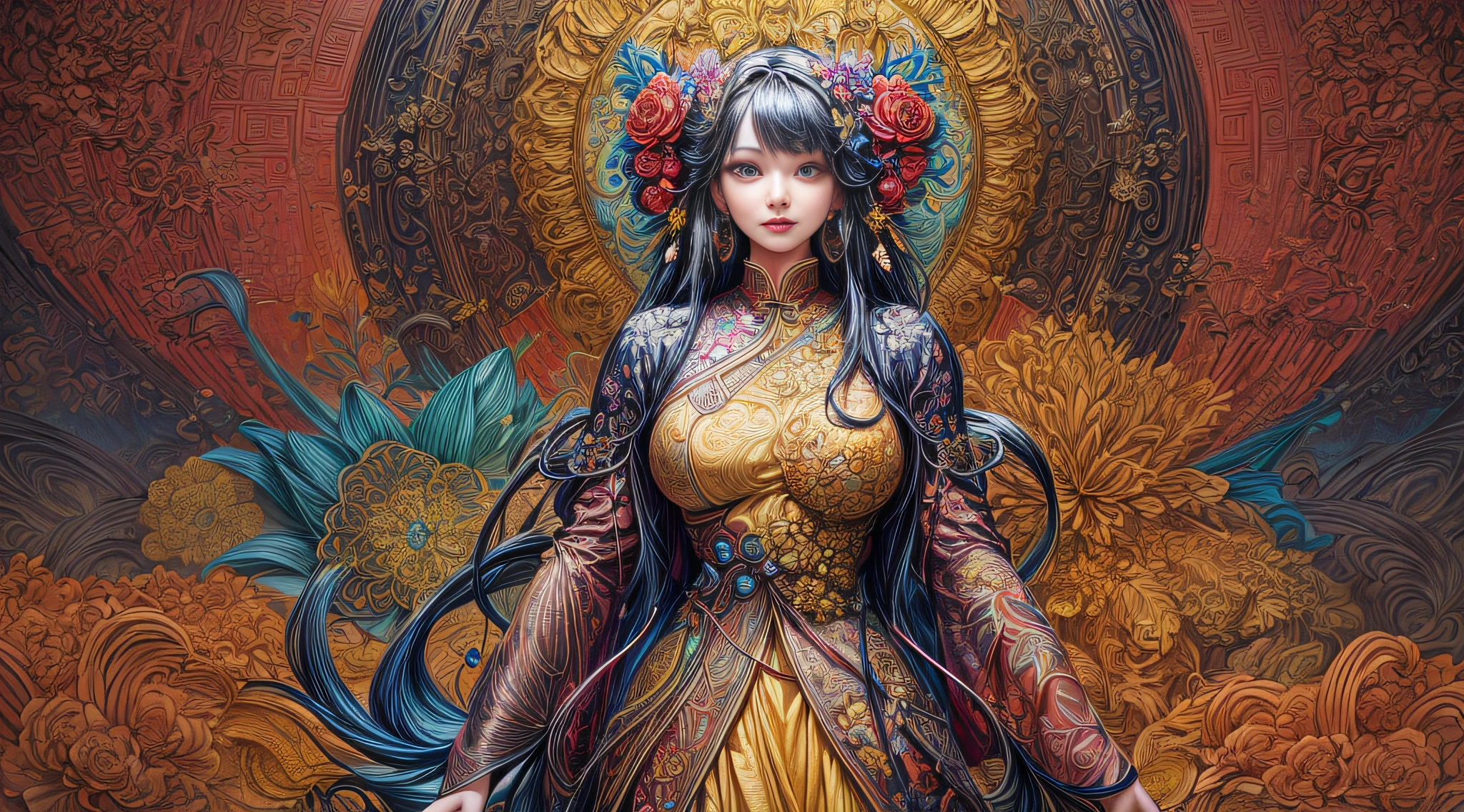 (masterpiece, top quality, best quality, official art, beautiful and aesthetic:1.2), (1girl:1.3), extremely detailed,(fractal art:1.1),(colorful:1.1)(flowers:1.3),highest detailed,(zentangle:1.2), (dynamic pose), (abstract background:1.3), (chinese Traditional cloth:1.2), (shiny skin), (many colors:1.4), ,(earrings:1.4), (half body:1.5), (dragon and phoenix:0.5)