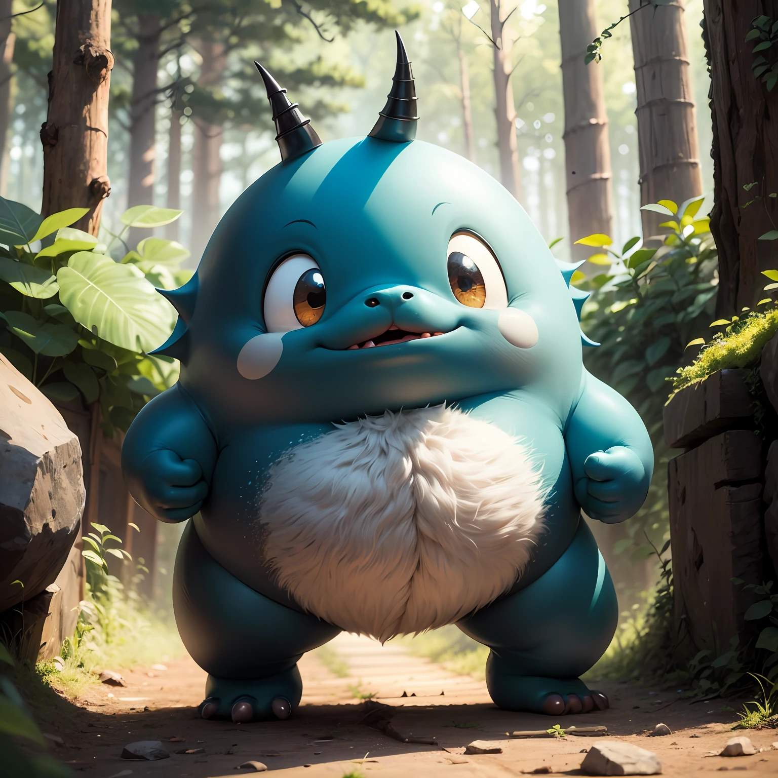cute monster style BARBAPAPAS, blue color, 2D-art, volumetric rendering, HDR, beeps with multiple and small arms and little fingers in the hands; paunchy; fat; funny guy; round face, no ears, no horn; smiling; Character design,forest in the background, masterpiece, Cartoons, A ray of sunshine on the body, Good camera perspective, hairy, IN various positions and movements. Beautiful eyes . Draw this little monster in different poses and movements. It can be jumping in the air, running, doing a pirouette, holding an object or even interacting with other characters. Be creative and explore different facial expressions and body gestures to convey different emotions and actions."