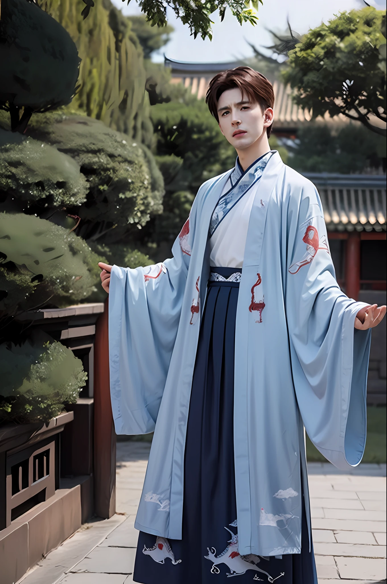 American actor( Chris Evans), short hair, big eyes, (blue print robe), (white long print skirt), (red print shirt),(upper body),(standing),((looking at viewer)),outdoors,(chinese style countryard),
