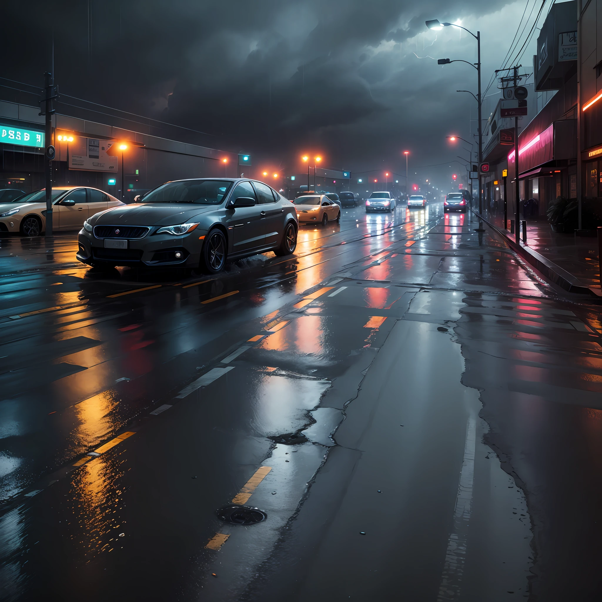 street, high traffic, night, vehicle neon lights, rain --auto