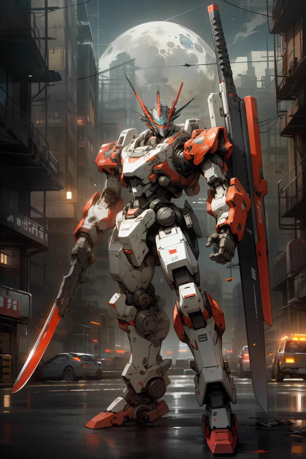 On the Moon, Barren Planet, Ruins, Holding Weapons, No Humans, Glowing, Robots, Buildings, Glowing Eyes, Red Mech, Science Fiction, City, Reality, Mecha, Galactic Background, Full Body, Neon, Cyberpunk, Transformers, Autobots,
