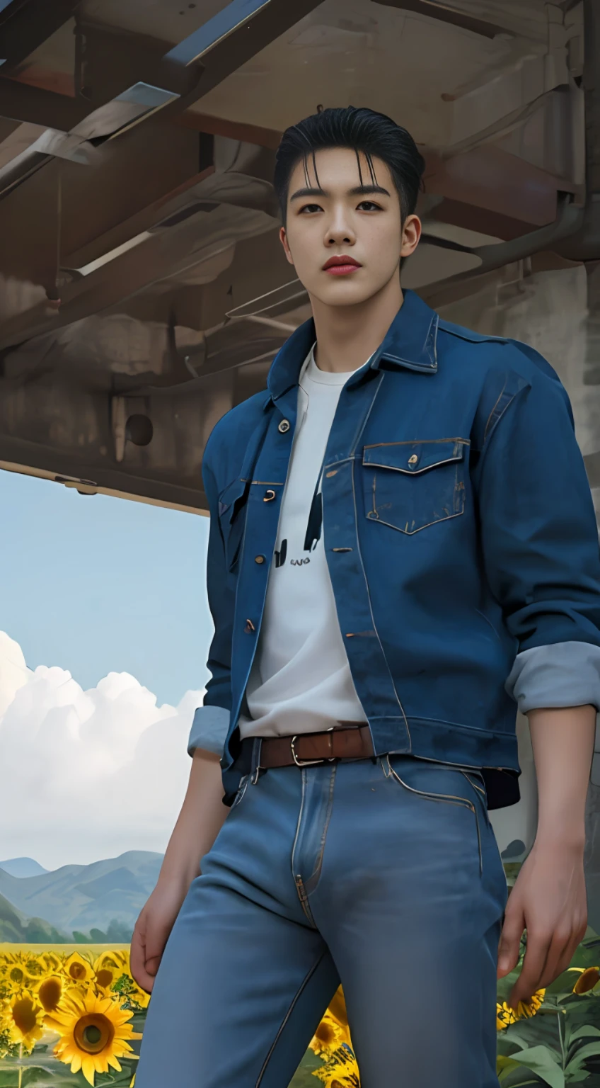 1 man, (male)) hot skin, masterpiece, best quality, the most handsome man in the world, by Shen Quan, perfect body, masculine male model, an attractive man 22-27 years old aesthetic, rough and handsome young man in gray jeans, white shirt (male focus), leather boots, standing in a sunflower field, blue sky and white clouds, sunlight, dynamic pose, cool and seductive, dramatic lighting, full body shooting, full body shooting, young face, body without hair, thin tall, suitable body, tall, Dominant, Caucasian or White Skin, Firm Body, HD, Natural Flesh Tones, Soft Light, Highly Detailed, Looking at the Viewer, Photography, Detailed Skin, Live Life, Realistic, Photorealistic, Crazy Detail, Facial Detail, Hype Minimalism, Hype Surrealism, Film, Telephoto, Lighting Complex Detail, Highly Detailed, Highly Detailed, Highly Detailed, Digital Painting, Artstation, Concept Art, Smooth, Sharp Focus, Illustration, Unreal Engine 5, 8K, Ross S. Tran and Greg Rutkowski and Alphonse Mucha's Art, UHD, 8k, Show Men Only .8k Ultra HD, DSLR, Dim Lighting, High Quality, Film Grain, Fujifilm XT3, Men's Exclusive Fan, Male Model, Poster Shooting Style, Wide Shoulders, Korean Style (No Underwear)