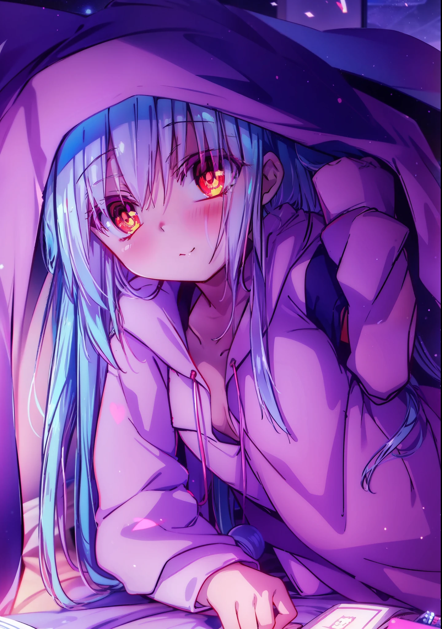 Anime girl with yellow eyes lying on bed under the quilt, night, soft anime illustration, cute anime girl, huge glowing eyes, shiro, elbows propped up on the bed, an open book pressed under her hand