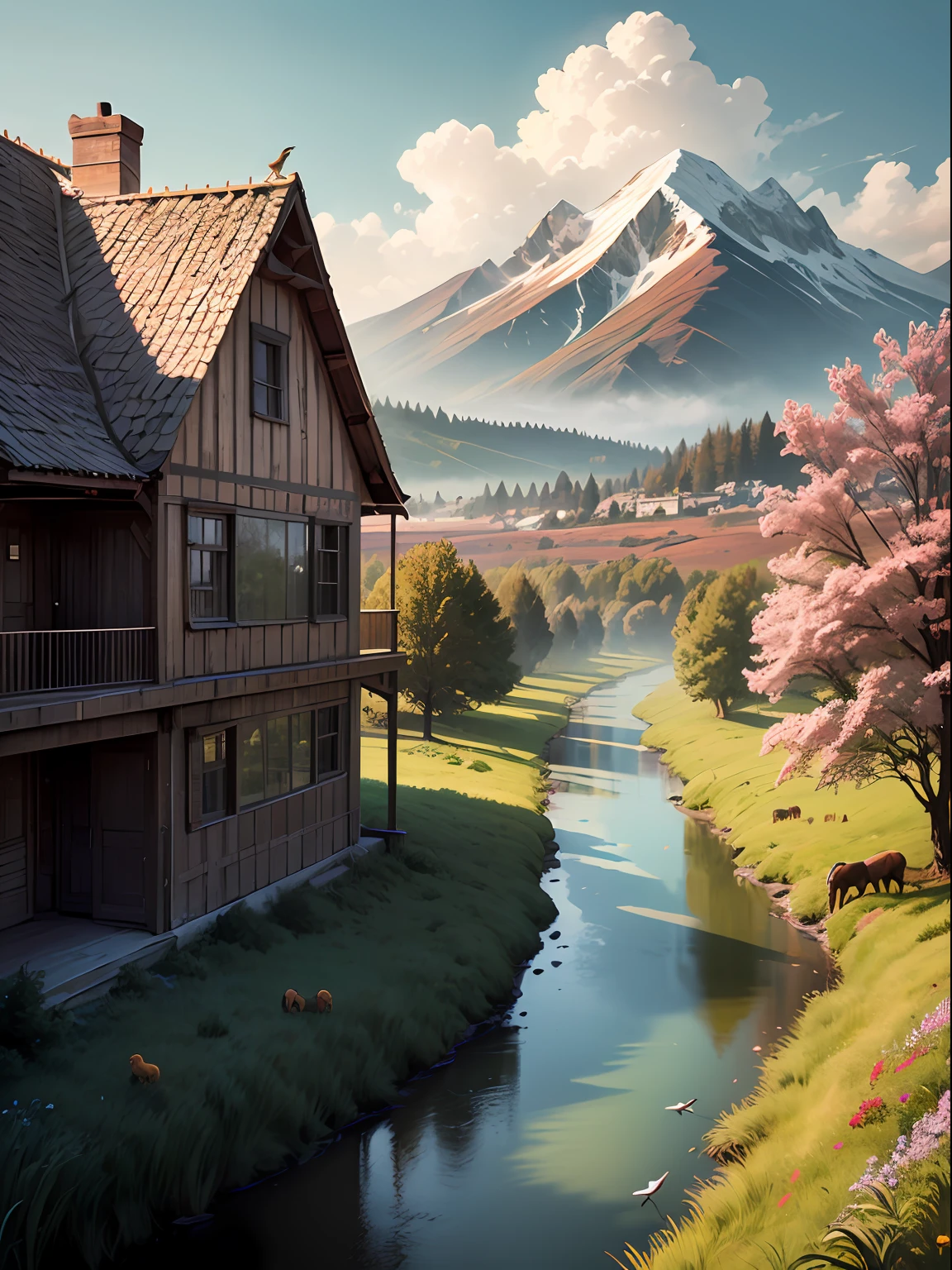 A house with balconies in ruins, on a plain with grazing animals, a distant view, with many grasses, trees, a river with murky waters and a mountain with snow in the background with oil paint with red touches. a featured tree with reddish flowering and flying birds .a sky with many clouds, with the very strong sunlight cutting through these clouds, but without the sun appearing in a realistic style. --auto