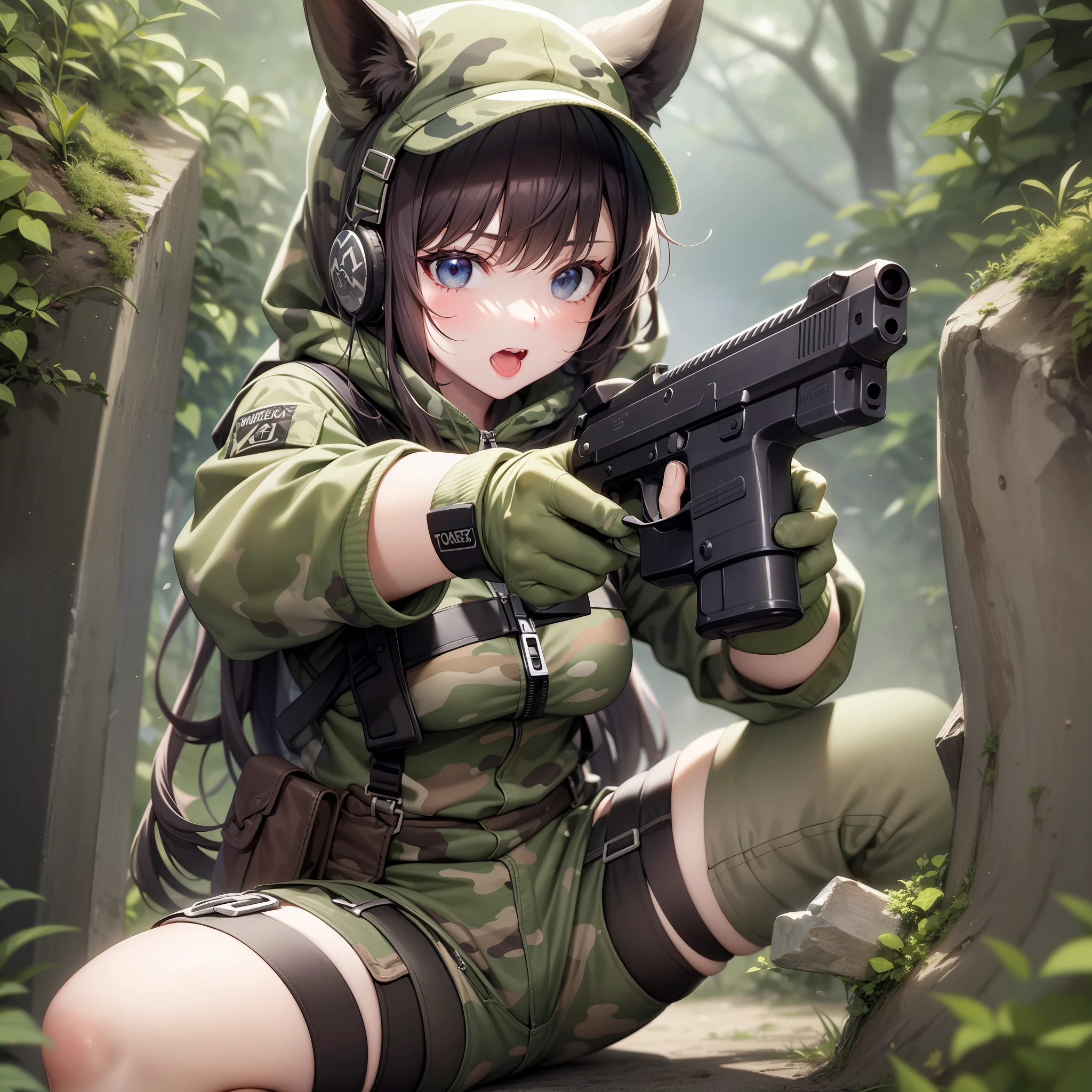 Savage, perfect style, camouflage underwear, one girl, holding a gun, crouching, exposed skin