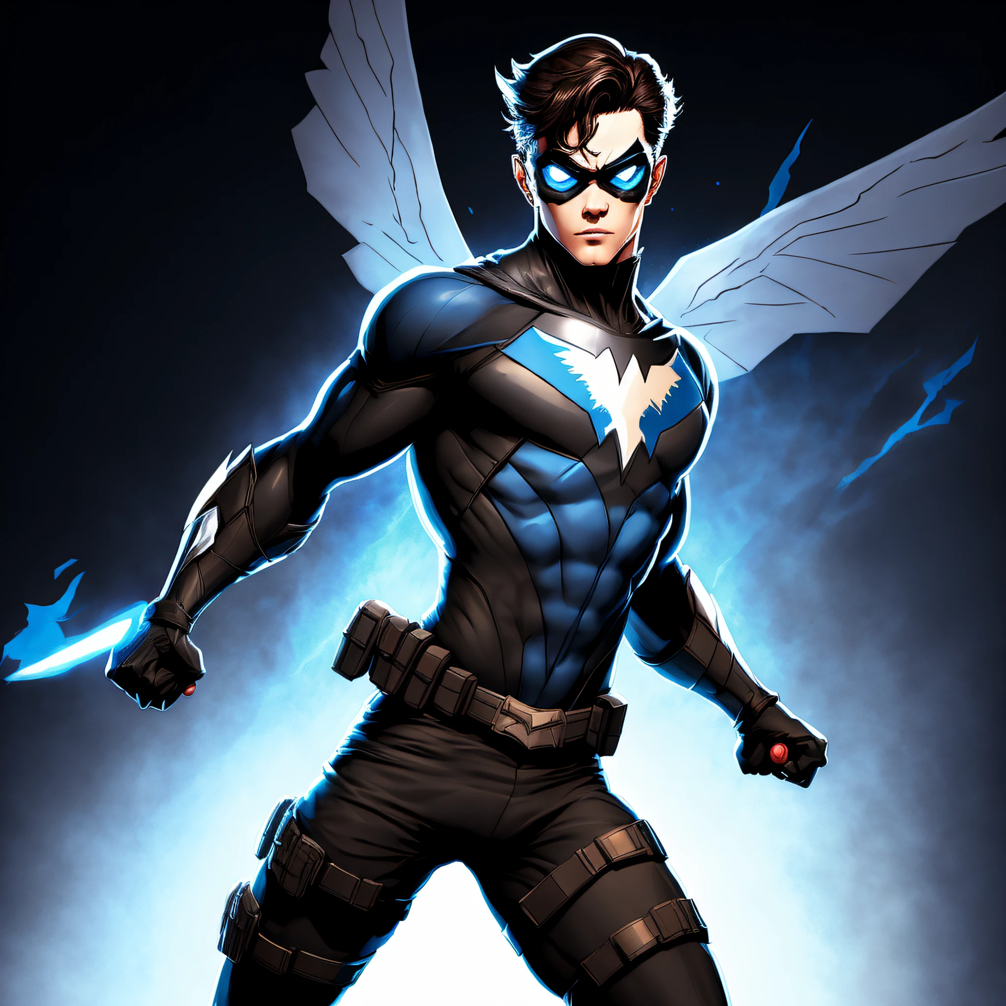 "(Dynamic and heroic pose, 1 Nightwing), (mysterious character), dark background, shadows, blue aura":0.8