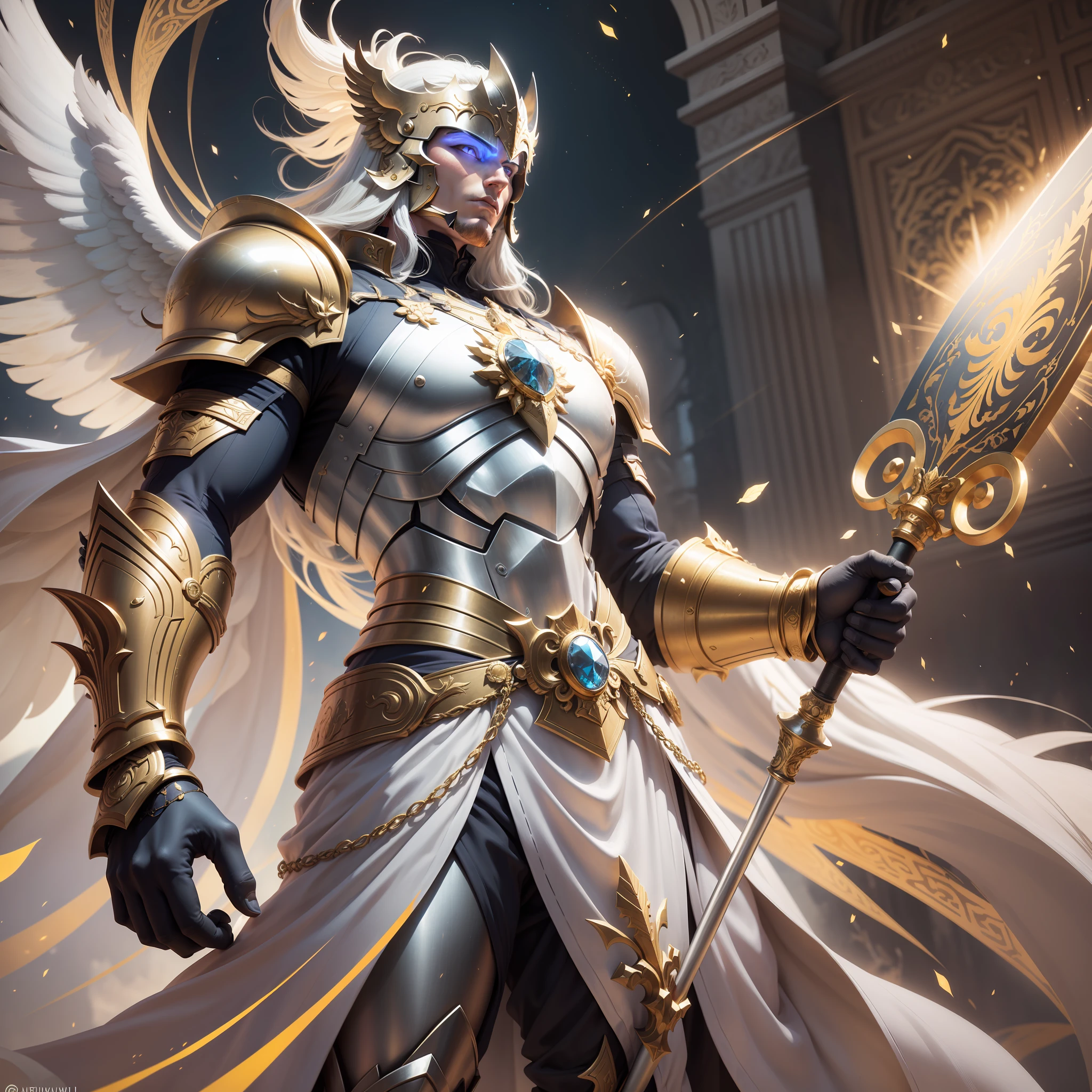 Draw a majestic Celestial Knight, an imposing and powerful figure dressed in gleaming armor. His armor should be predominantly white, with golden details that accentuate his heavenly nature.
The Celestial Knight must wear a helmet with angelic wings, symbolizing his divine connection. Your eyes can be bright, conveying wisdom and compassion. Your facial expression should be serene and noble.
In his hand, he wields a golden war hammer, an imposing and magnificent weapon. The hammer should be large and ornate, with intricate details and divine engravings. It can be adorned with celestial symbols or sacred runes that emanate a soft luminosity.
The Heavenly Knight's armor should be carved with angelic details, such as golden wings on the back that extend majestically out. The armor should have a heavenly aspect, with fluid and elegant lines, which evoke a sense of grace and divine power.
In addition, the Celestial Knight can be enveloped by a divine aura, radiating a soft light around him, symbolizing his connection with the heavenly forces.
Feel free to add other details to the armor or character, such as a flowing white cloak that adds a sense of movement and grandeur. Remember that the main objective is to portray an imposing and noble Celestial Knight, who radiates an aura of justice and protection, while wielding his golden war hammer with dexterity and power.