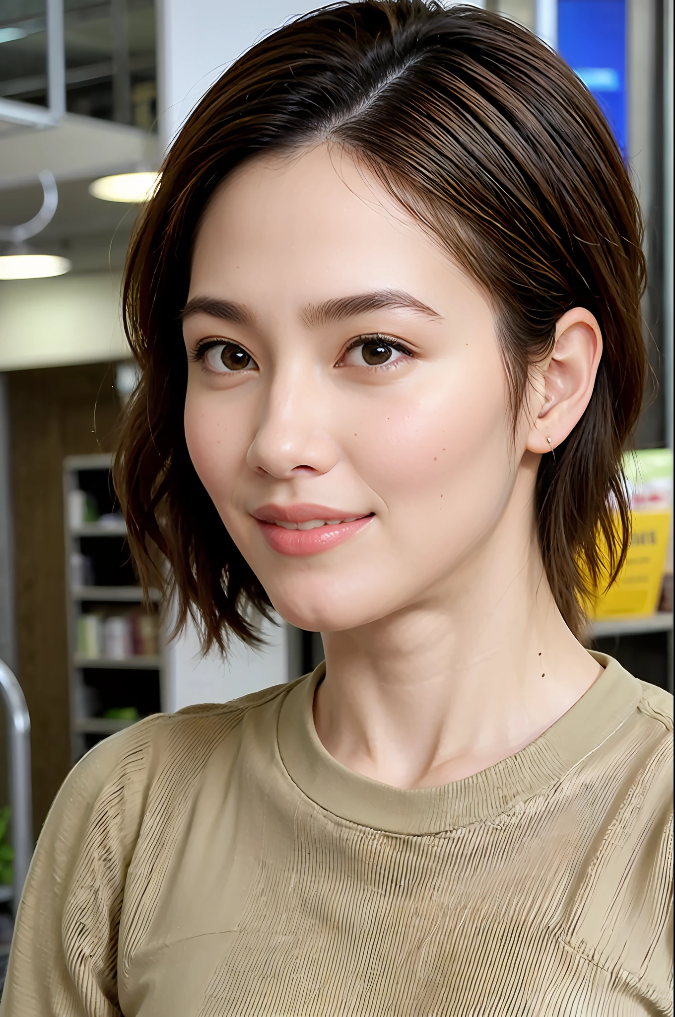 (supermarket:1), afternoon, doctor gown, light brown fringe short hair, light brown eyes, 1girl, innocent, (photorealistic), (intricate details:1.2),(masterpiece, :1.3),(best quality:1.4), (ultra highres:1.2), ultra high res, (detailed eyes), (detailed facial features), HDR, 8k resolution, (lens flare:0.7), turn around, busy on examine report, face viwer, drshe
