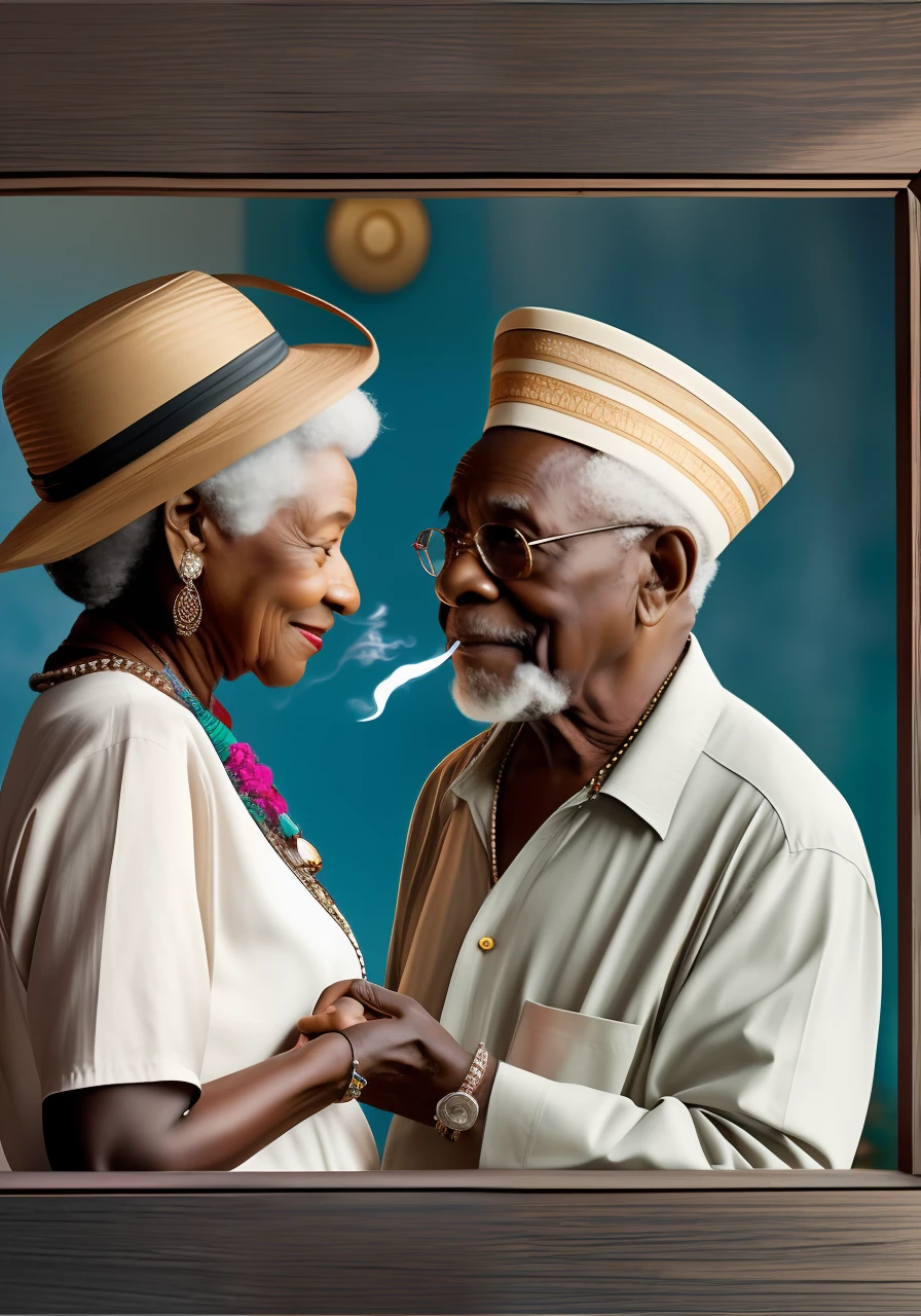 A couple formed by a 105-year-old black man and a 105-year-old black woman. Black man characteristics: gray hair and beard, straw hat. Raw fabric clothes in white color. He is smoking a very old wooden pipe. Characteristics of the black woman: Wears raw cotton clothes. They don't wear any kind of jewelry or ornaments. In his ear a branch of rue. Focus image from shoulder to head. They are looking at each other, with their heads turned to the side. --auto --s2