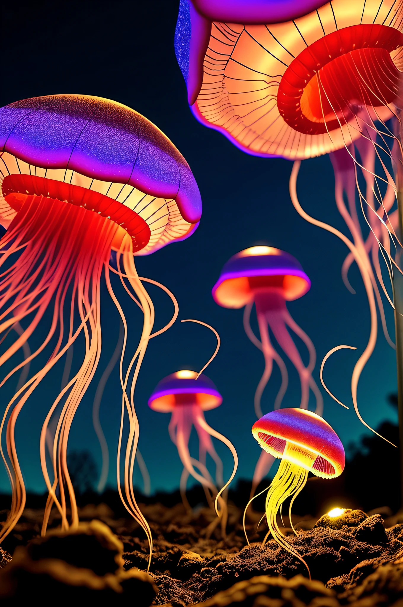 Fungal Wastes, night and (jellyfish:1.2), [Style-Petal], Style-Glass, closeup, dramatic, volumetric lighting, subsurface scattering, (highly detailed:1.2), bokeh,