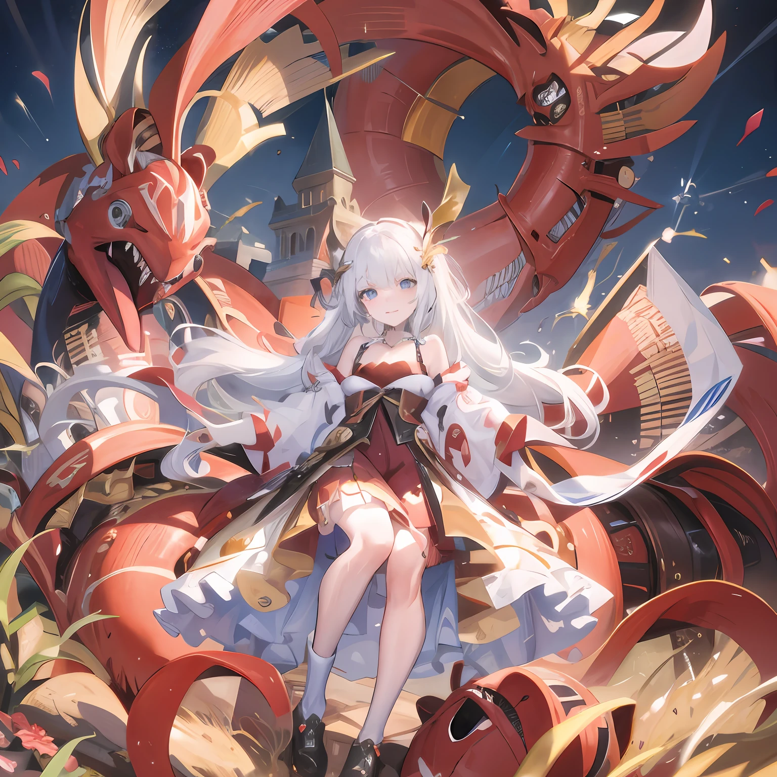 anime girl with a sword and a dragon on a field, queen of dragons, anime fantasy illustration, dragon girl, anime fantasy artwork, best anime 4k konachan wallpaper, trending on artstation pixiv, cushart krenz key art feminine, the dragon girl portrait, beautiful fantasy anime, anime style 4 k, white haired deity