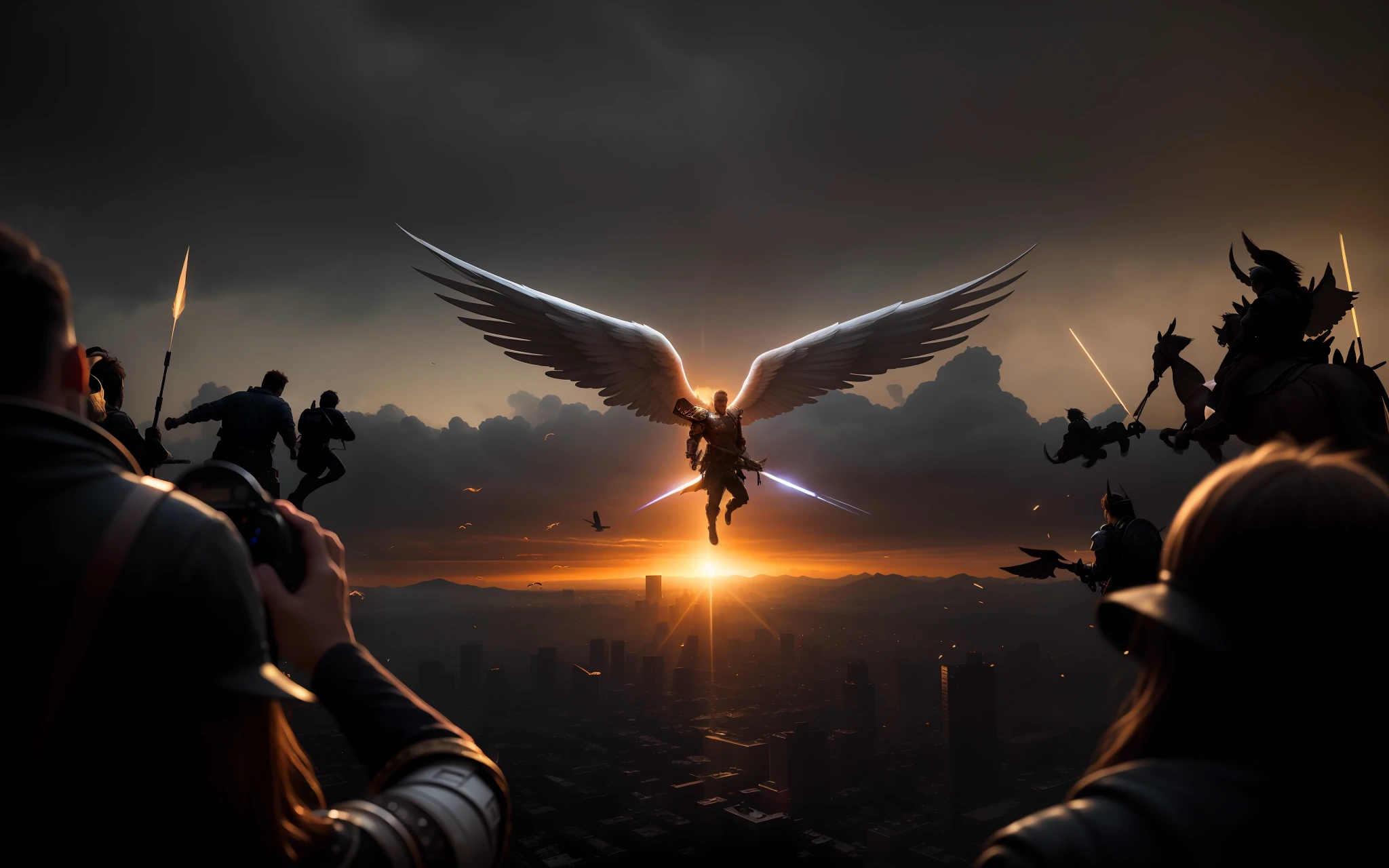 an image of a man with wings flying over a crowd of people, archangel, angel high shot distant, angel wings epic, winged archer, super wide angel, angelic, by Yang J, armor angle with wing, angelarium, wide angel shot, angels vs demons, archangel michael, angels and demons, angelic, wide angel, angel spirit guide, epic scene,  many fine details, film style, photography, natural textures, natural light, natural blur, photorealism, cinematic rendering, ray tracing, maximum quality, maximum details, cinematic, blur effect, long exposure, 8K, Ultra-HD, natural lighting, moody lighting, cinematic lighting, hyper-realistic, vibrant, 8k, detailed, ultra-detail,