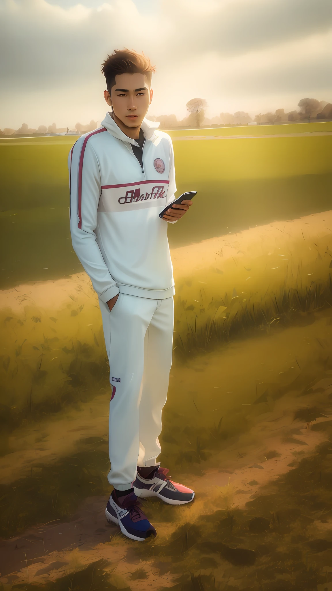 arafed man standing in a field holding a cell phone, distant full body view, wearing track and field suit, candid picture, candid photo, candid photograph, full body photogenic shot, with lovely look, full body picture, wide portrait, print ready, around 1 9 , high quality upload, high quality picture, full body potrait holding bottle