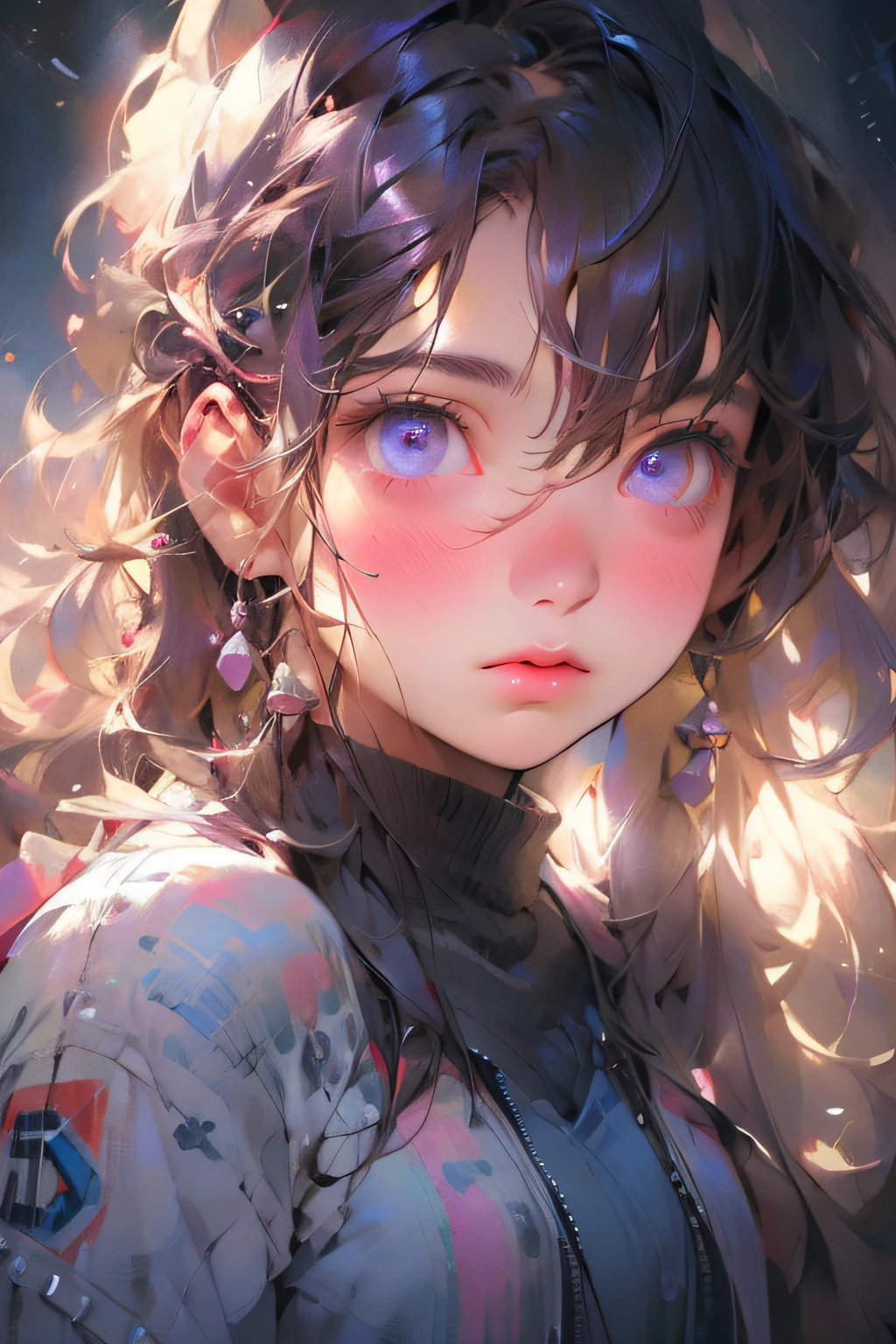 melancholy lighting, quiet, calm, brightness, masterpiece, best quality, 1girl, (JinxLol:1.2), (ultra photorealistic:1.3), (masterpiece:1.4), best quality, ((realistic)), high quality, ultra detailed, ((real image)), ((realistic skin)), ((realistic face)),(illustration:1.05), (beautiful:1.05), (beautiful detailed eyes:1.05), (cinematic light:1.1), purple and pink on the detacks, full body, black and blue clothing, white sneakers