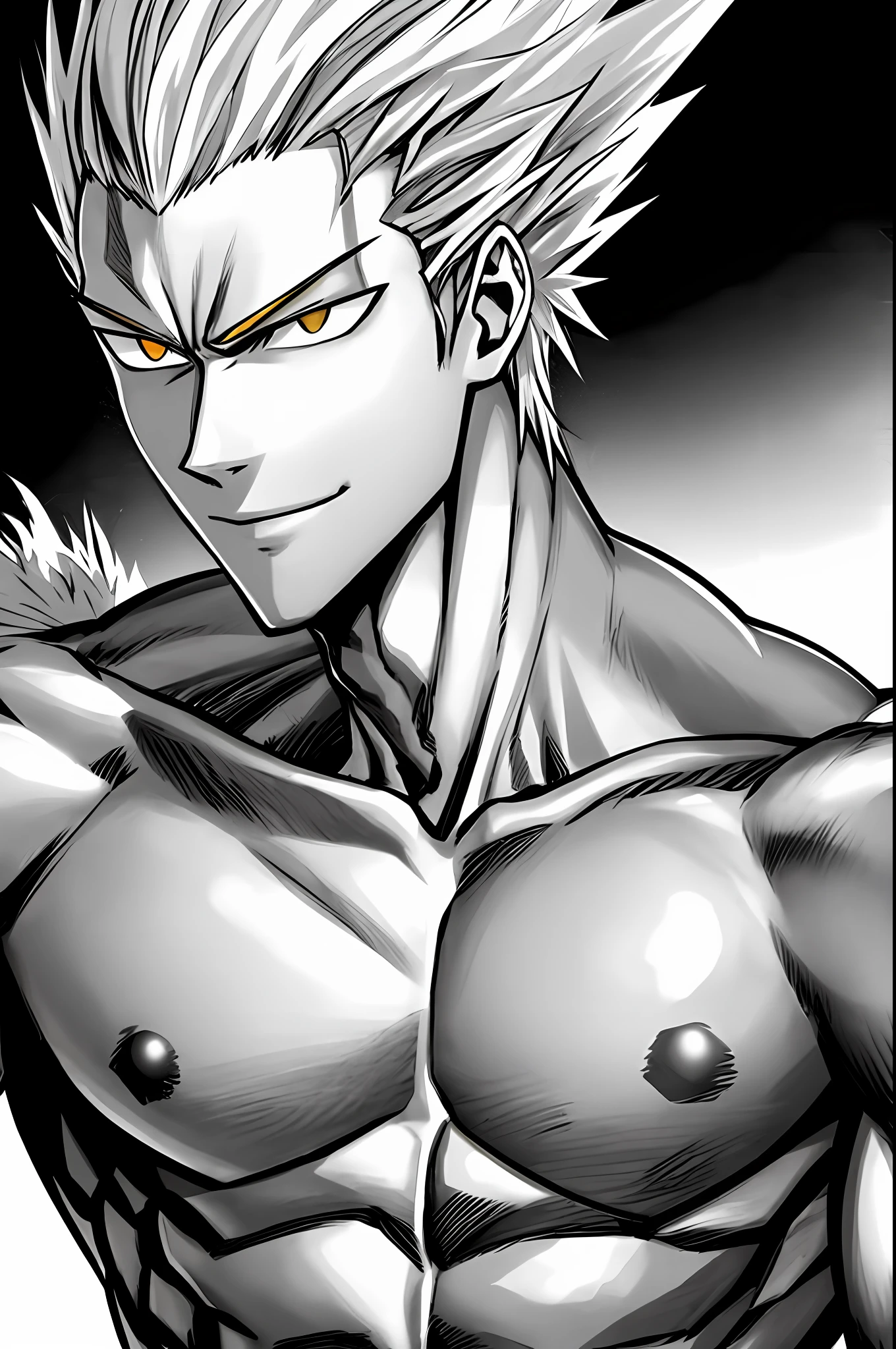 Murata Yuusuke, Garou\(One-Punch Man\), 1boy, closed mouth, collarbone, golden eyes, look at the viewer, male focused, masculine, muscular,, chest, red eyes, gray hair, smile