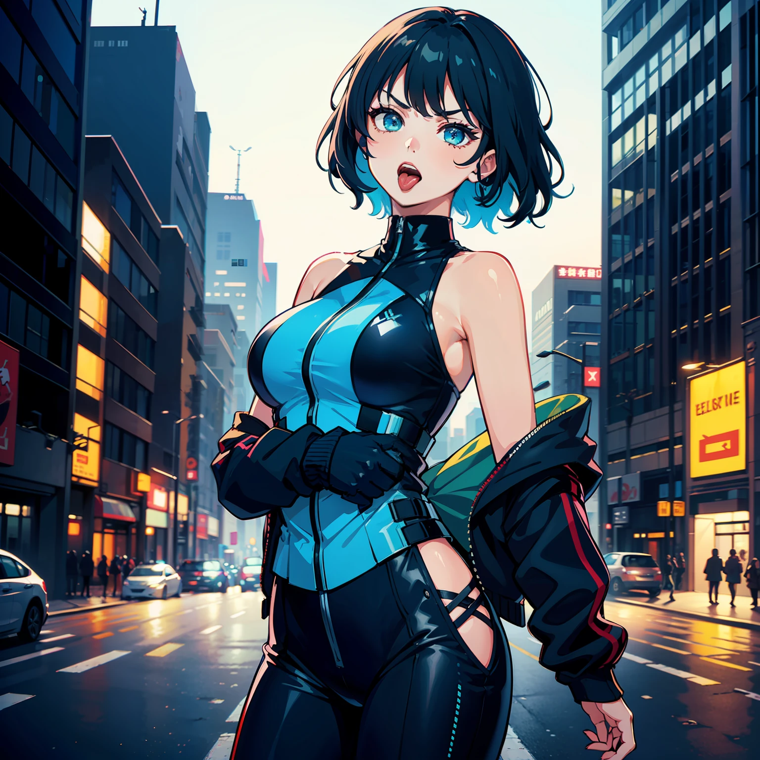(masterpiece, best quality), ((1girl, (mature)), ((hair fulfilled)) (confident look) (serious gauze) (black hair, hair fulfilled, blue hair with blue stirs), (green eyes, beautiful eyes, sharp eyes, open mouth, tongue out)), (simpler background, dark background, city background), (highres, Chromatic aberration), cyberpunk jacket, cyberpunk outfit, small breasts, (big hair), Serious and confident look, ((sexy look)) (sensual, sexy)