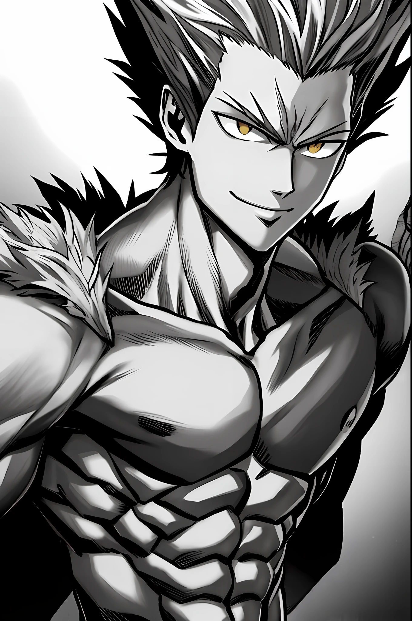 Murata Yuusuke, Garou\(One-Punch Man\), 1boy, closed mouth, collarbone, golden eyes, look at the viewer, male focused, masculine, muscular,, chest, red eyes, gray hair, smile