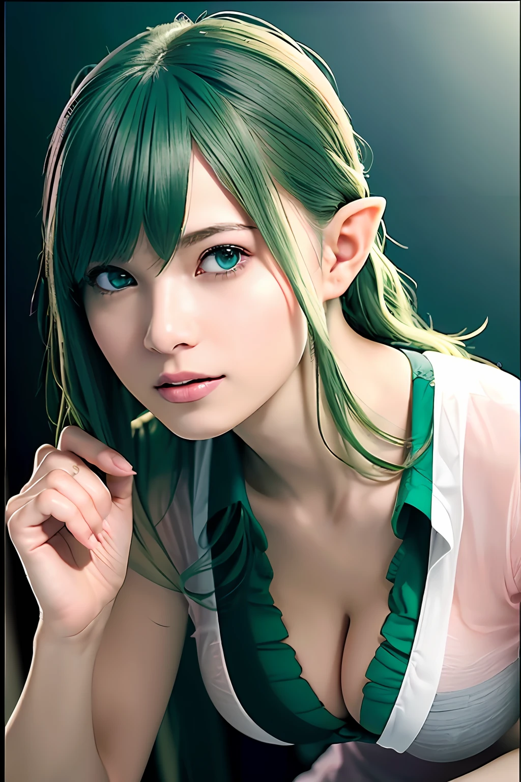 Super detailed complex 3D rendering of face, (big breasts: 8.8), (masterpiece, top quality, octane rendering,), glamour shots full body image, very beautiful young elf, cleavage, (very detailed skin: 1.2), (exposure: 1.1), cute woman getting naked. ((wearing a plummeting open shirt of white silk: 1.9, 40k, (((very soft breasts)), ((conspicuous large pink areola)). Beautiful Caucasian woman with black skin with full soft breasts and black skin of big ass, one, long braided hair, big breasts, dynamic angle, mystical expression, ultra-realistic photo, (((portrait)))), bare feet, futuristic city background, facial muscles, detailed and beautiful gold crown, in the style of Marvel Comics, ArtStation trends, clear focus, studio photography, intricate detail, highly detailed, detailed blue eyes, very detailed, sharp focus, digital rendering, professional, abs, dark grey background, (((green hair)), crotch, bare feet,
