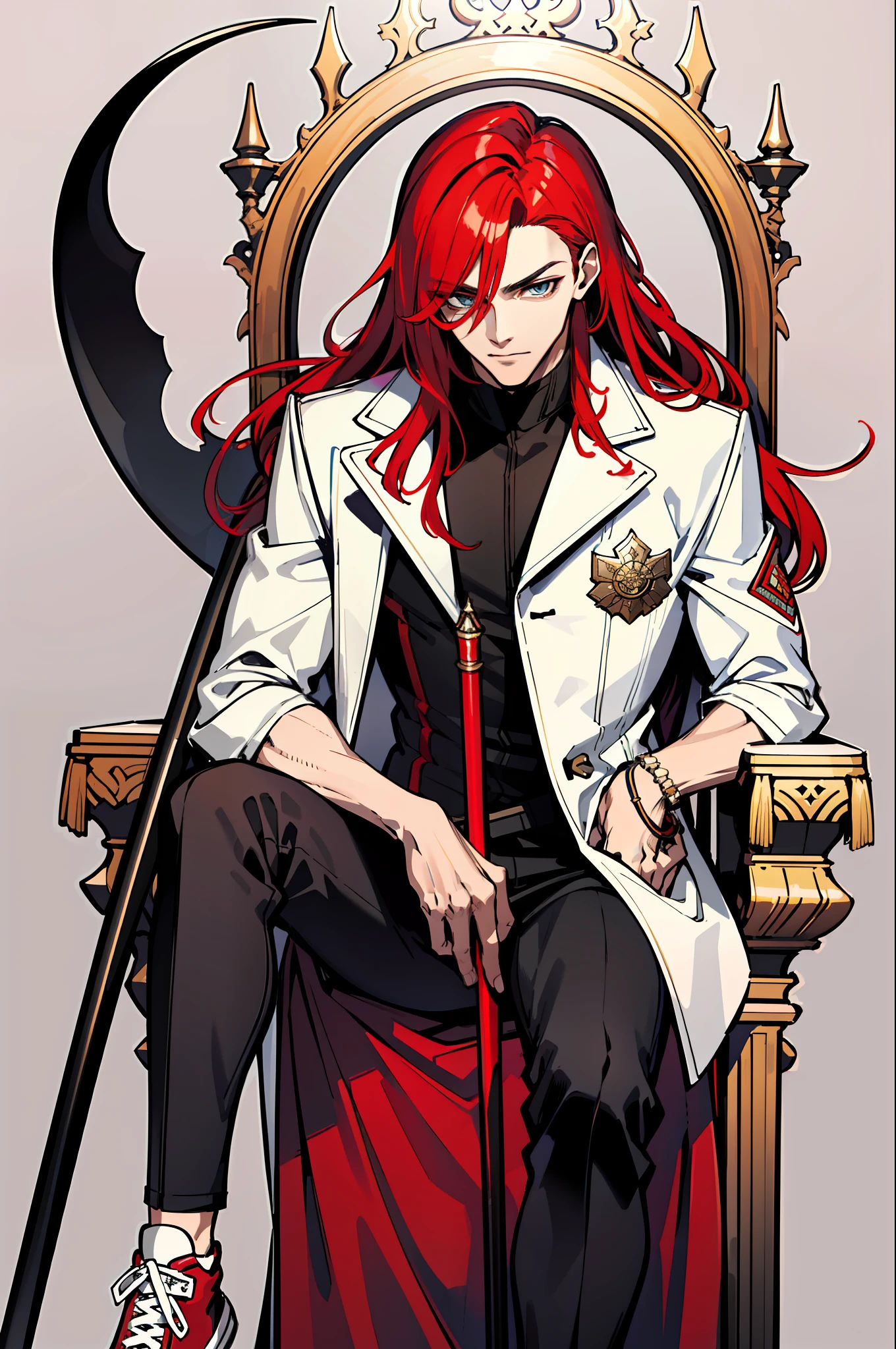 (absurdres, highres, ultra detailed), 1 male, adult, handsome, beautiful eyes, average height guy, thin toned muscles, finely detailed eyes and detailed face, long red hair, long white biker coat, black pants, converse shoes, fantasy, magnificent background, throne, magic effect, flame, detailed fantasy scythe leaning on throne