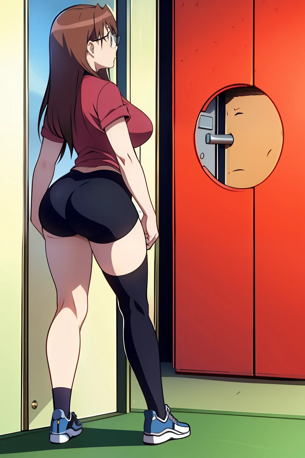 Koyomi mizuhara, brunette hair, long hair, glasses, top shirt, biker shorts/over thong, shoes, front view, tight ass, breasts, glory hole, stuck