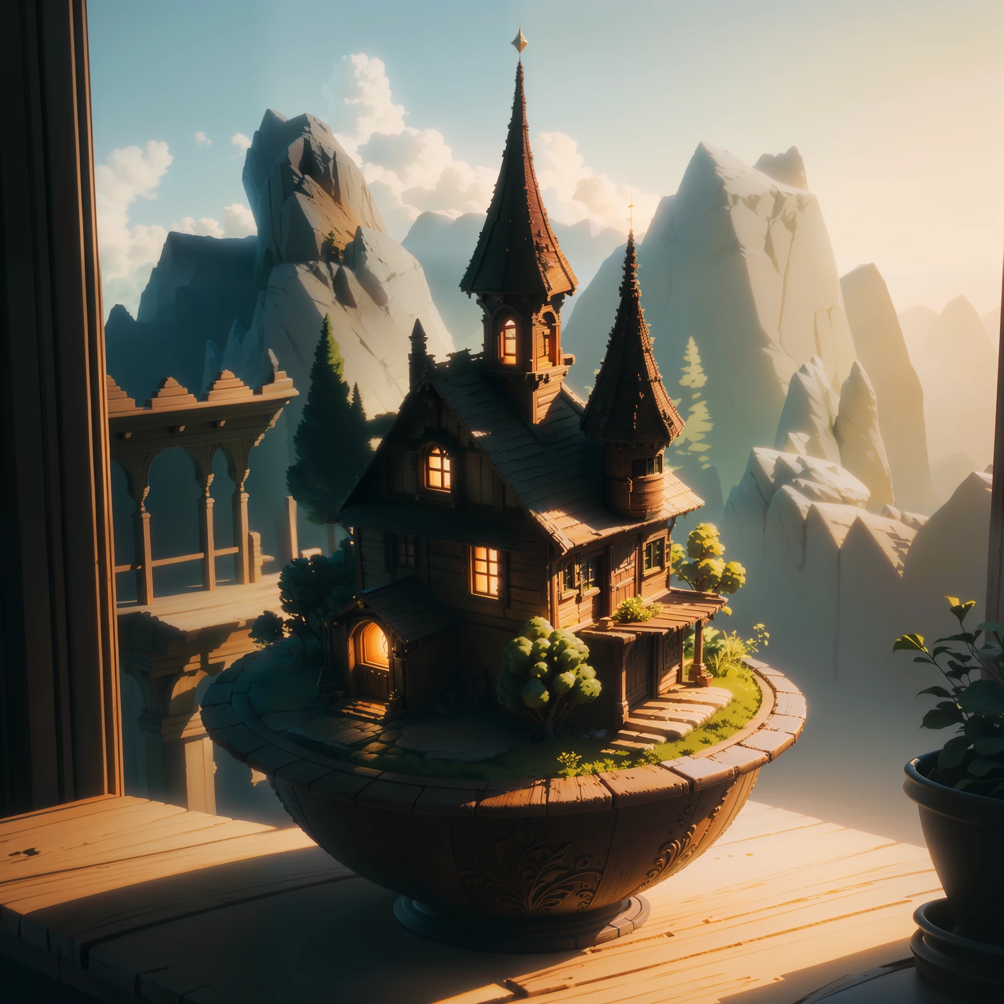 there is a small house in a pot on a table, realistic fantasy render, stylized 3d render, beautiful render of a fairytale, fantasy style 8 k octane render, daily render, super detailed render, (octane render) fantasy style, highly detailed render, stylized as a 3d render, 3 d render stylized, highly detailed scene