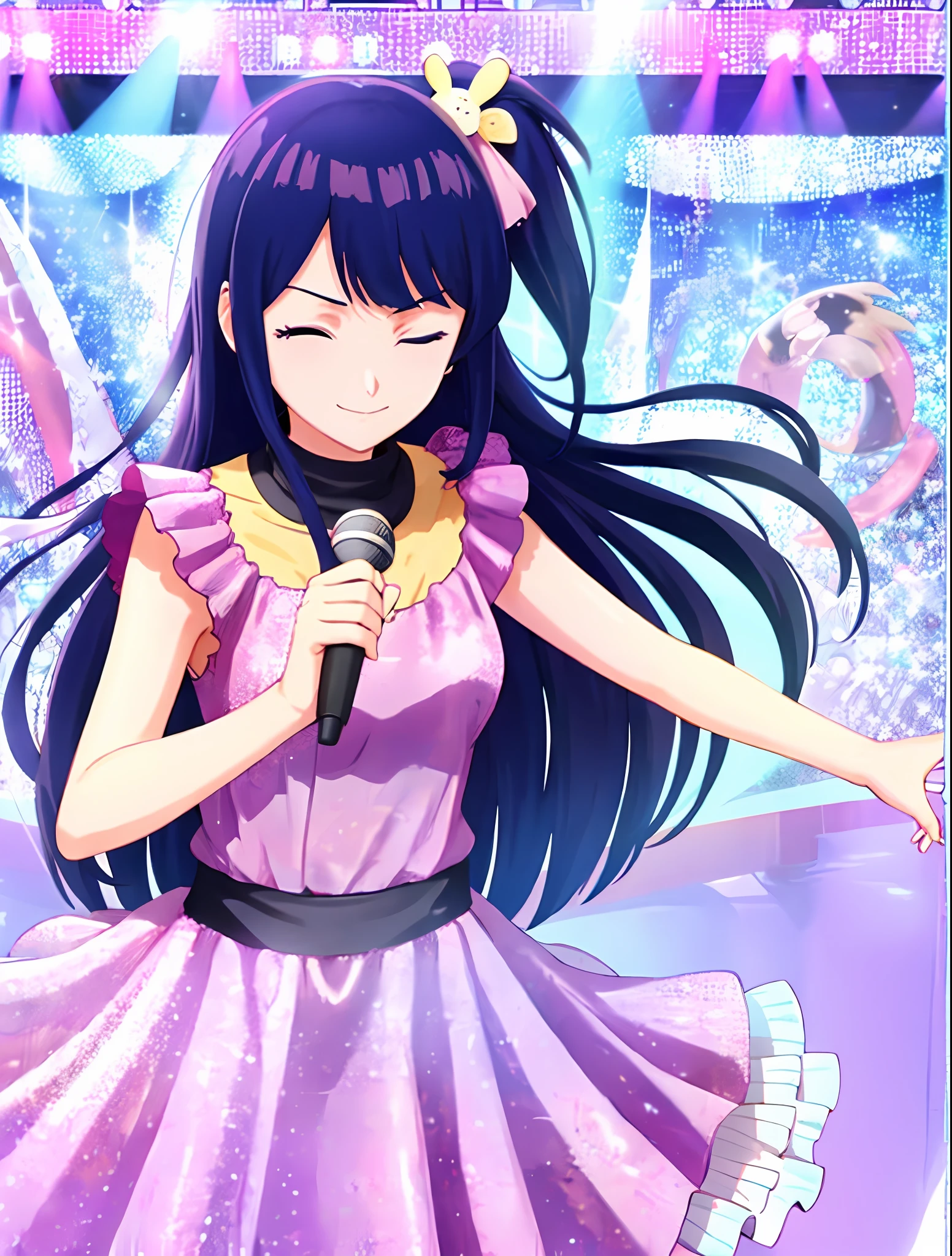 1girl, one eye closed,Hoshino Ai, long hair, dark blue hair ,purple eyes, hair ornament, blunt bangs, hinata hyuga as hoshino ai, light smile, standing (idol clothes:1.3)
